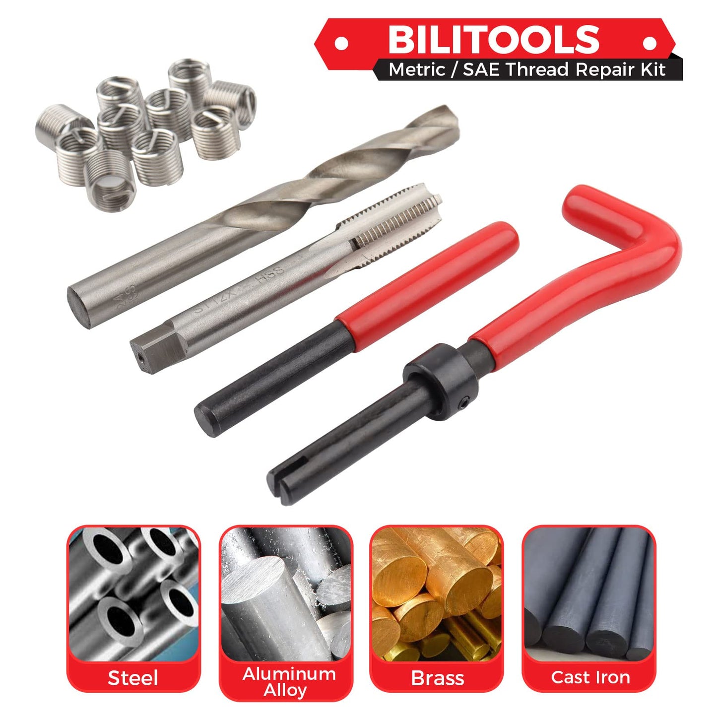 BILITOOLS Helicoil Thread Repair Kit Metric, 131-Piece HSS Drill Heli Coil Repair Kit M5 M6 M8 M10 M12