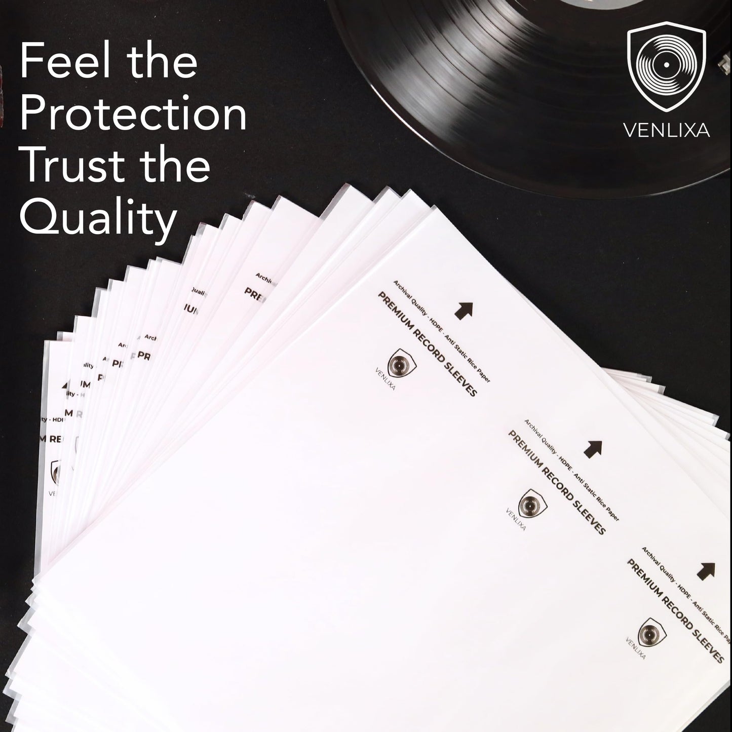 Venlixa 12″ Premium Vinyl Record Inner Sleeves (100 Pack), Anti-Static HDPE Rice Paper LP Covers, Durable Clear Acid-Free Album & Sleeves Protect Records from Moisture, Dust and Scratches