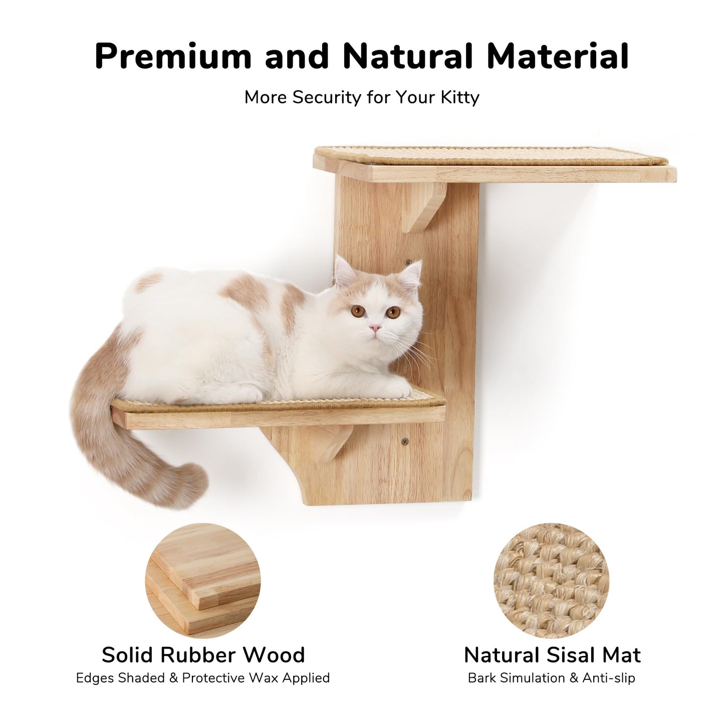 FUKUMARU Cat Wall Shelves, 2 Platform Cat Wall Furniture, Tree Shape Wall-Mounted Cat Floating Shelf with Sisal Mat, Solid Rubber Wood Cat Perch for 16 Inch Drywall, Suitable for Climb, Play, NapQQ