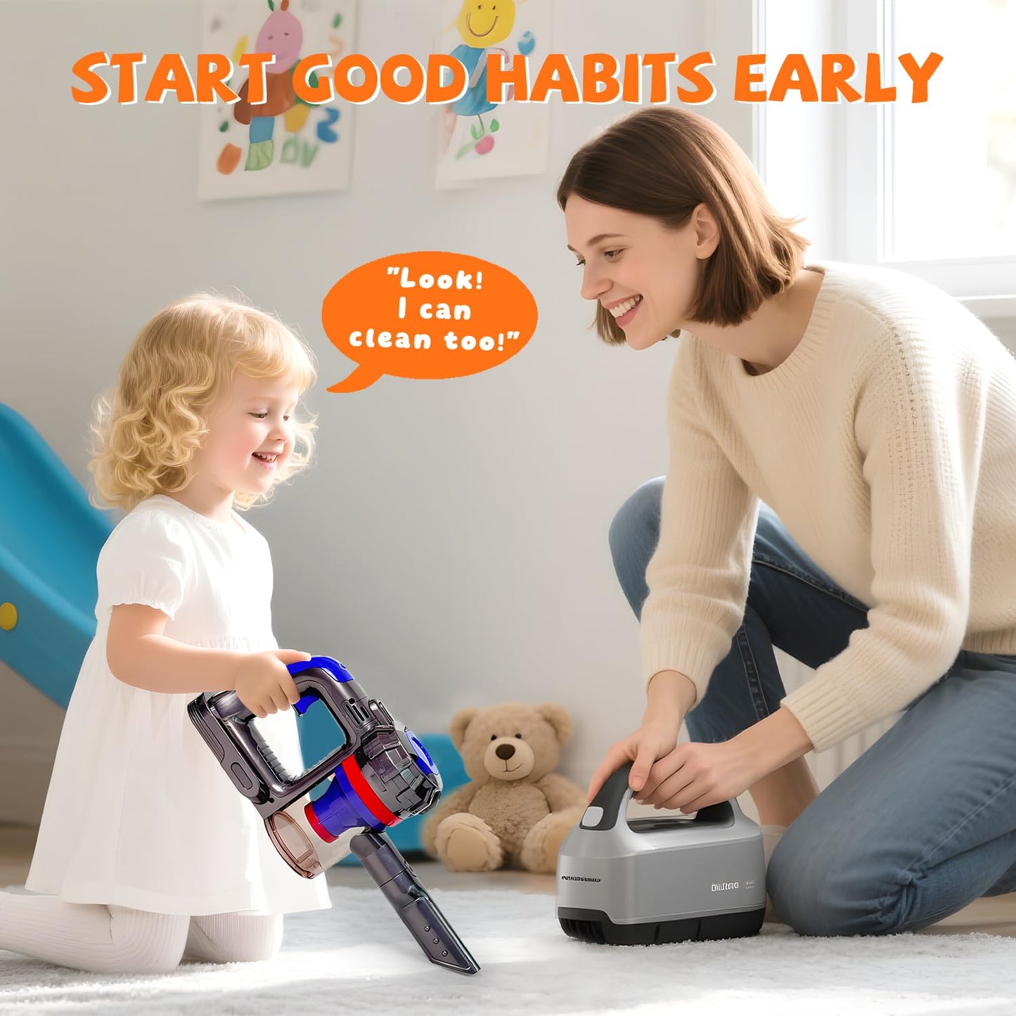 BAYMI 3-in-1 Kids Vacuum Cleaner That Works - Toddler Vacuum Cleaning Toy Set, Kids Working Play Vacuum Cleaner with Real Suction, Montessori Housekeeping Toy for Toddlers 3 4 5 6+