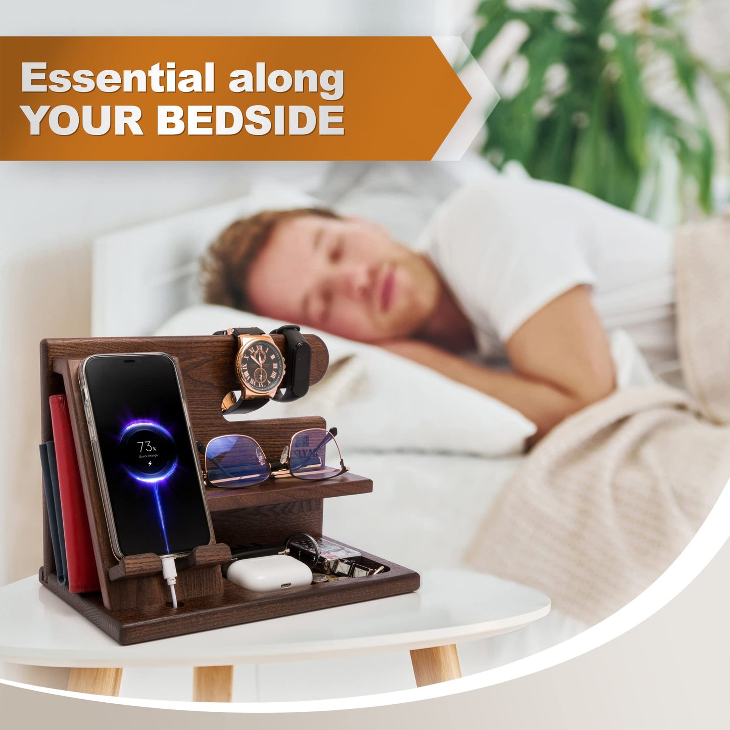 TESLYAR Gifts for Men – Wood Phone Docking Station, Nightstand Desk Organizer, Fathers Gift, Gifts for Dad or for Him, Birthday, Anniversary, Xmas Mens Gift Ideas, Wallet Holder (Bourbon Brown)