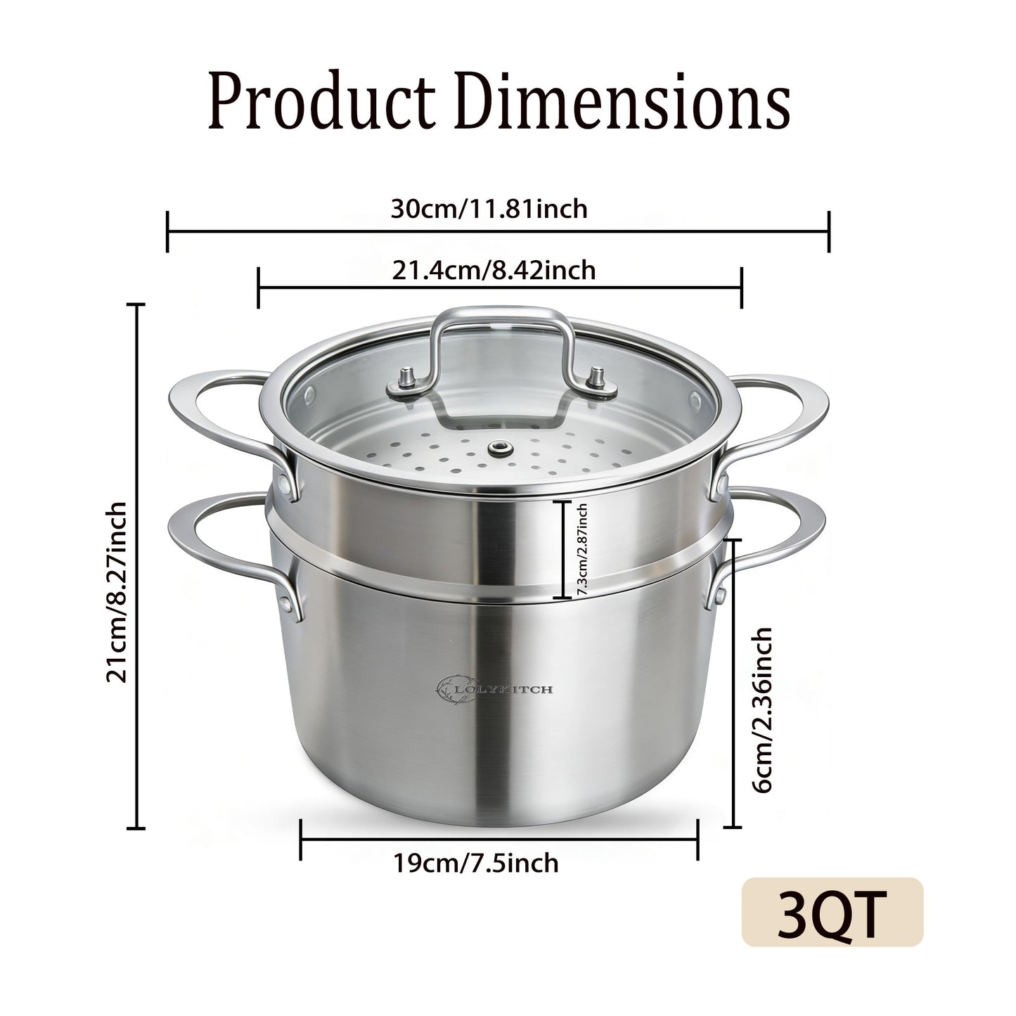 LOLYKITCH Tri-ply Stainless Steel 3 QT Stock Pot with Steamer,Induction Cooking Pot,Pots and Pans,Dishwasher and Oven Safe.