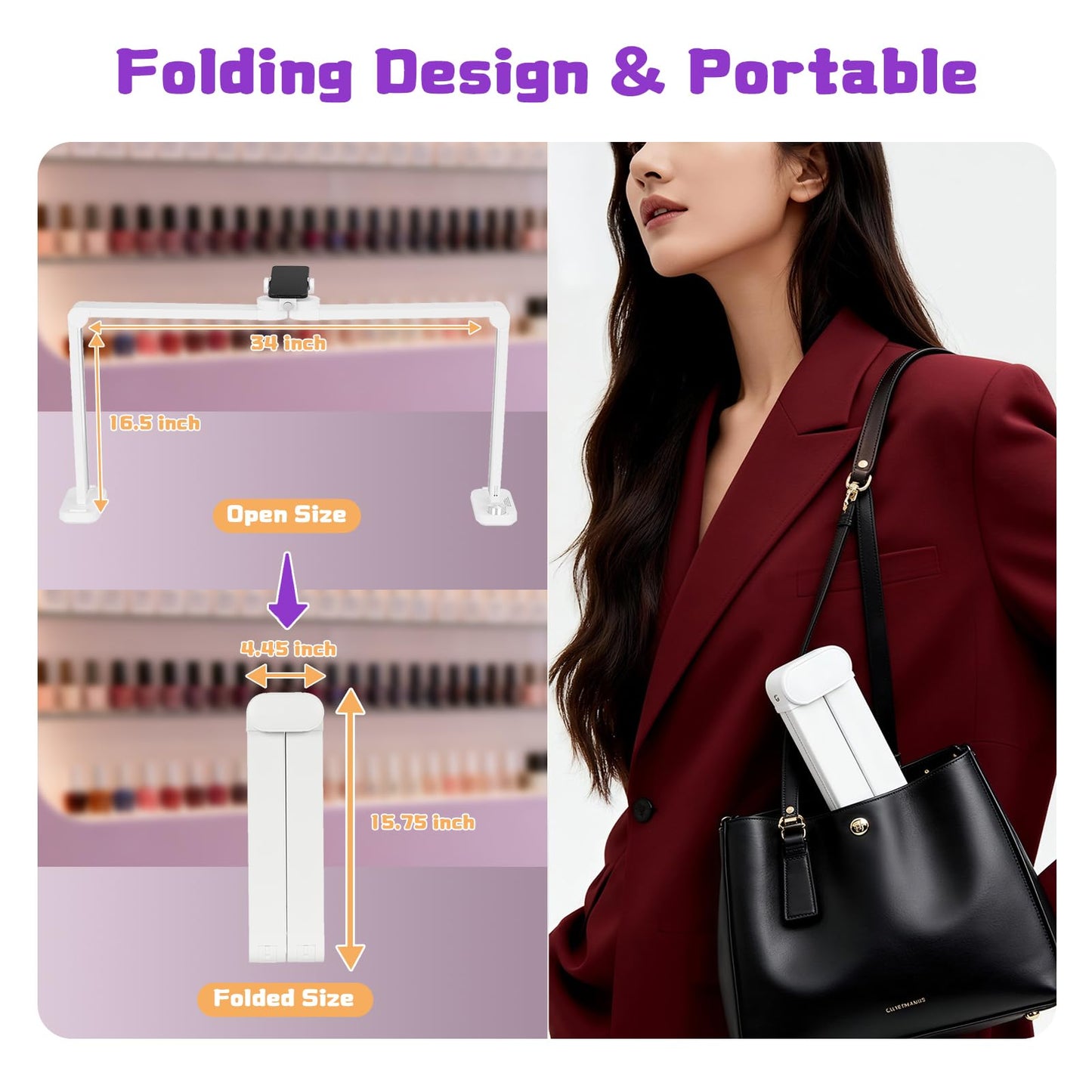 34" Foldable Nail Tech Lamp with Phone Holder, 456 LEDs Bright Nail Light for Desk, Stepless Dimming & 3 Color Modes (3000K-6000K) for Professional Manicure, Lash, Tattoo Studio, Eyebrows, Beauty
