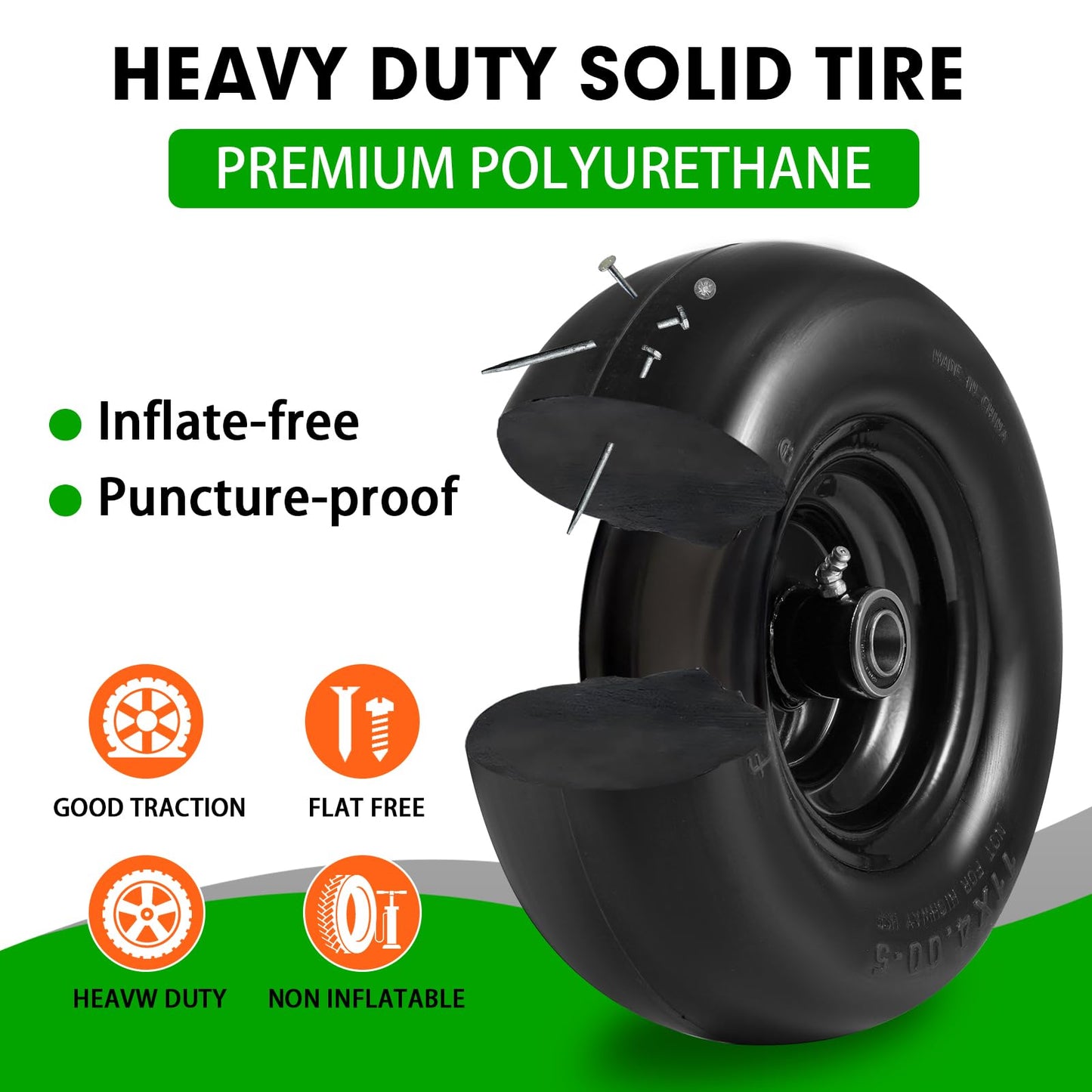 11x4.00-5" Lawn Mower Tire on Wheel Flat Free 2 PCS, 3/4" or 5/8" Bearing, Solid Mower Wheel for Residential and Commercial 3.4"-5" Centered Hub, Zero Turn Mower Front Tires