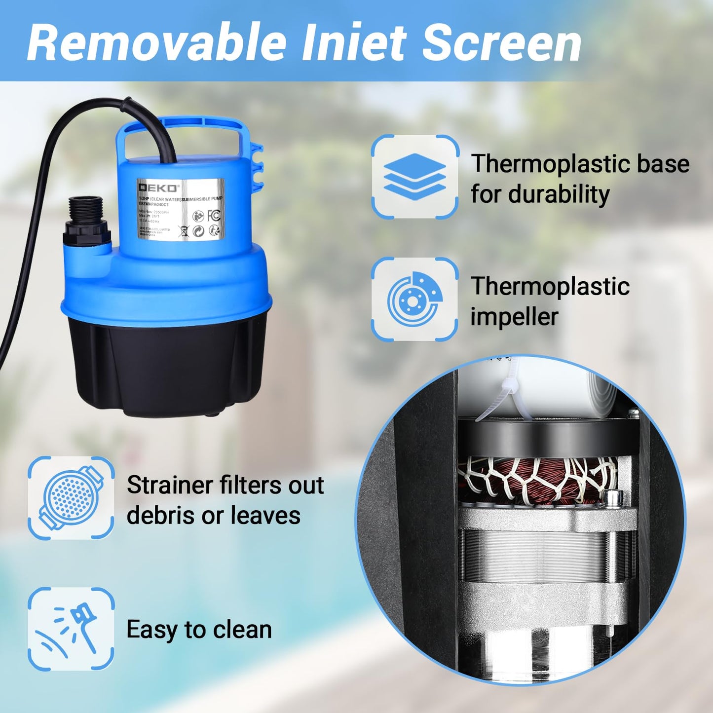 Sump Pump Submersible Water Pump: 1/2 HP Thermoplastic Portable Utility Pump 2350GPH High Flow Water Removal for Swimming Pool, Garden Pond, Basement with 25ft Long Power Cord