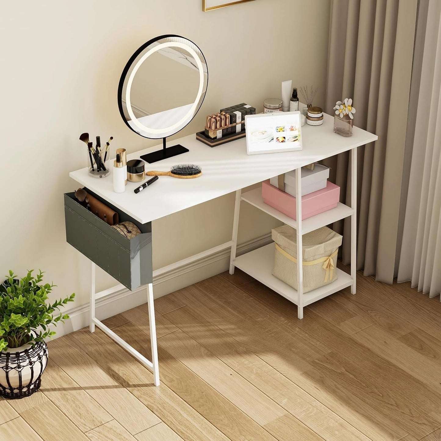 Small Computer Desk, 32 inch Bureau de Travail with 2 Tier Shelves, with Power Outlets Gaming Study Table, Wood Dressing Desks with Metal Frame, for Bedroom, Livingroom, Office White