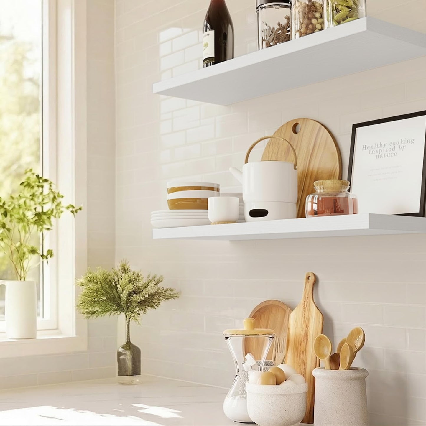 Floating Shelves Large, 24 x 7 Inch Wall Shelves for Bathroom, Bedroom, Kitchen, Shelves for Wall Decor Set of 2, White - AMFS06