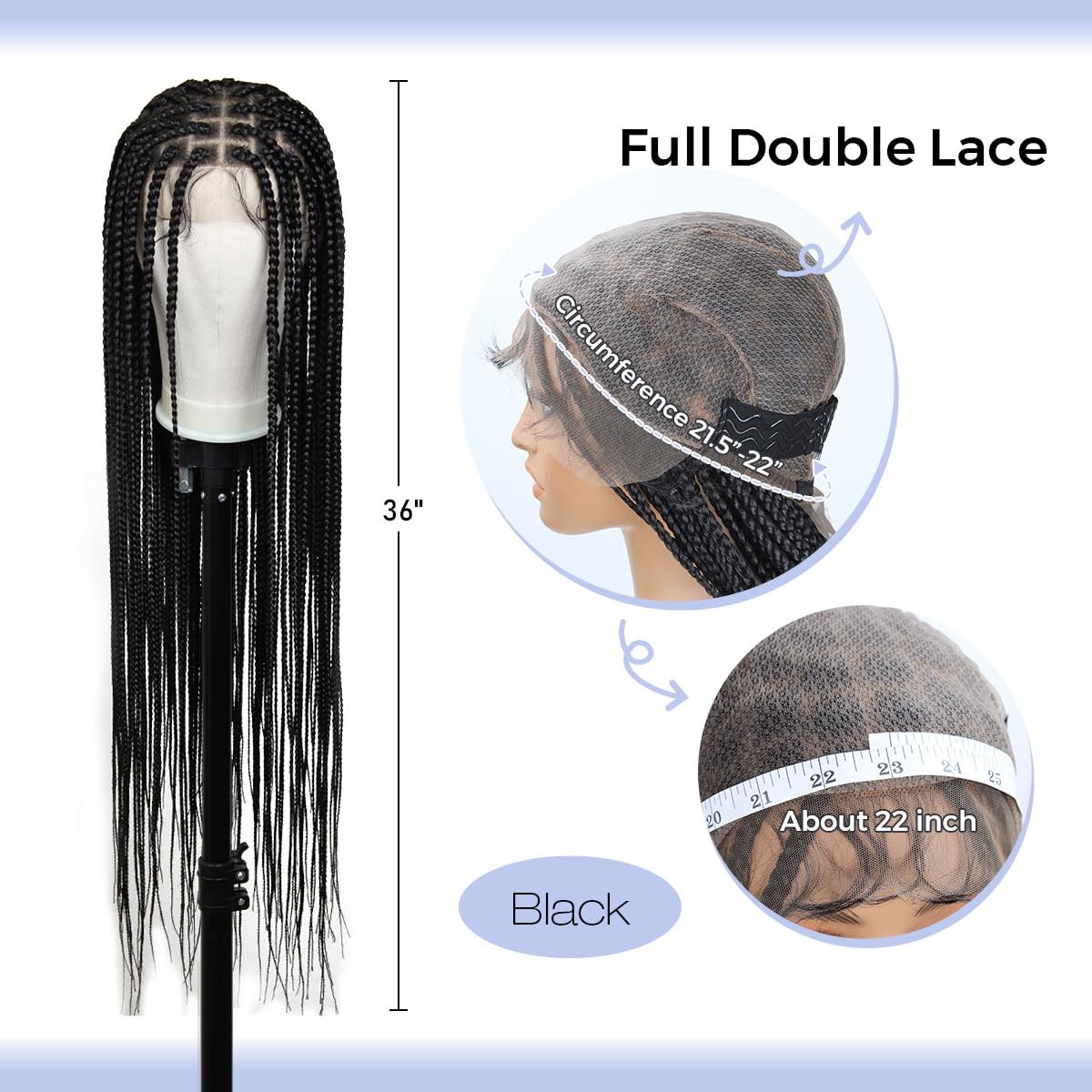 KRALER 36 inch Braided Wigs for Black Women, Knotless Box Braid Wig Full Double Lace Square Based Micro Box Braids Wig Pre Plucked with Baby Hair