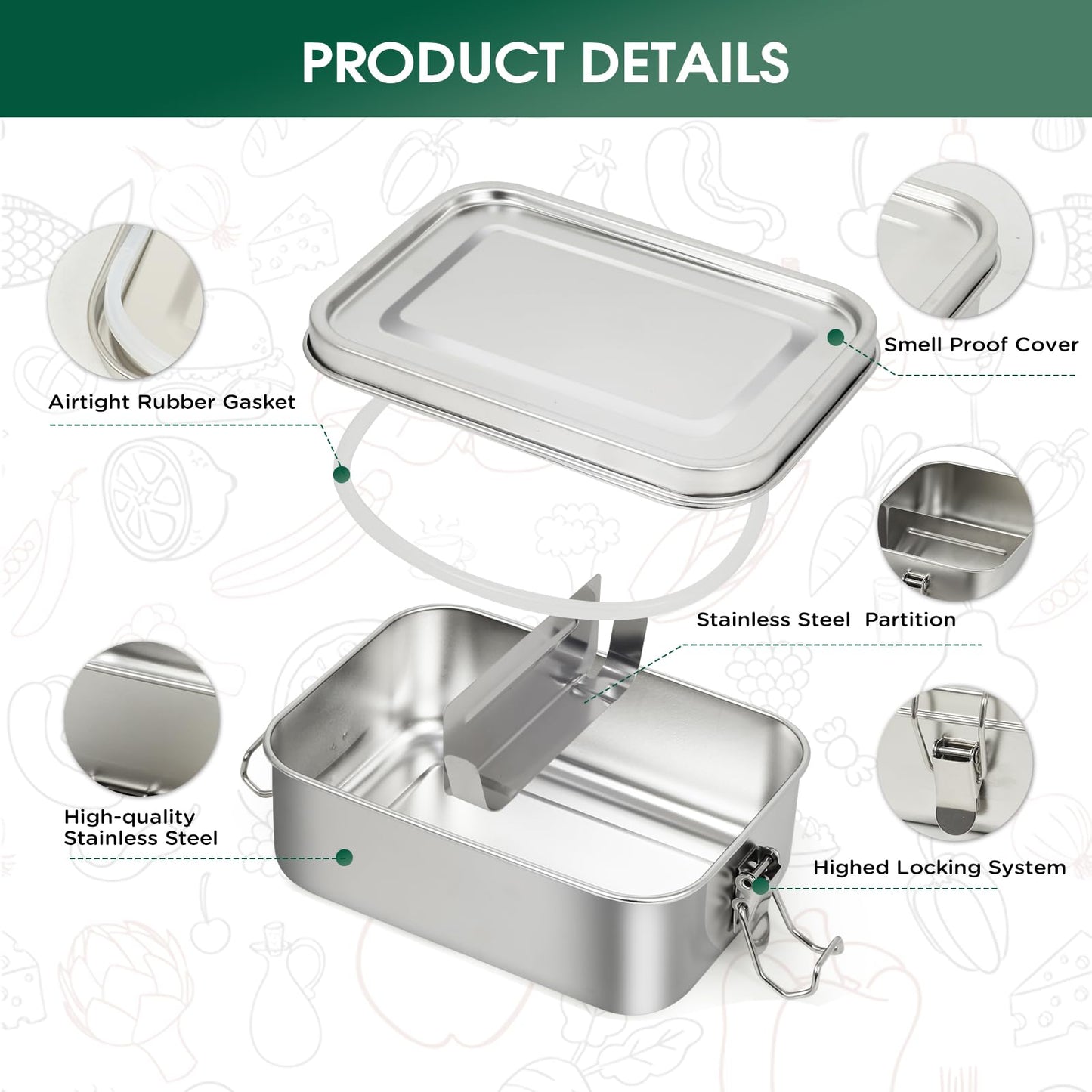 LEEPENK 304 Stainless Steel Lunch Box and Food Containers with Lids 4 Pack 1400/850/550/550ml, Leak-Proof and Stackable Stainless Steel Bento Box for Travel and Work Adults