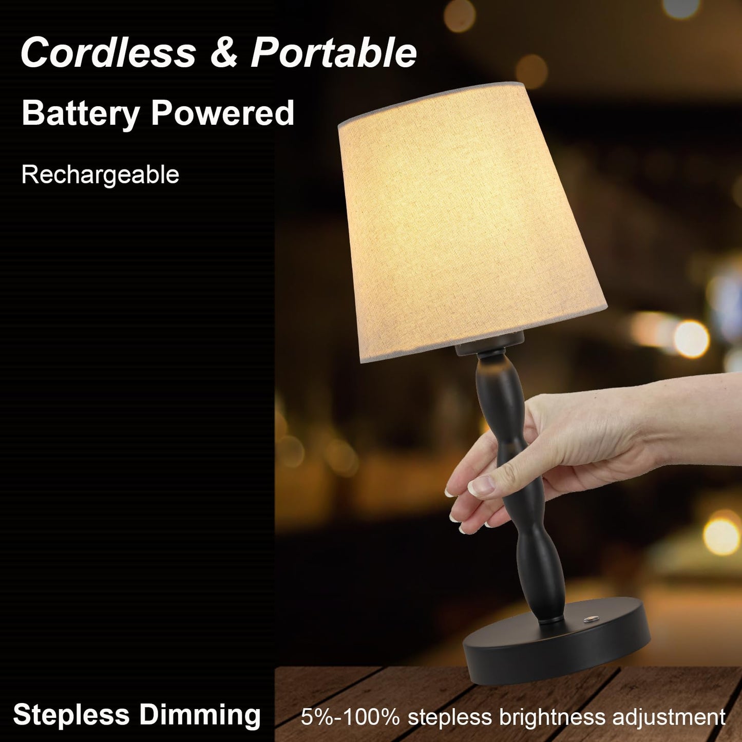 CASTLELIFE Portable Cordless Table Lamp,Touch Desk Lamp Rechargeable Battery Powered, 3-Level Brightness Stepless Dimmable Bedside Night Lamp,for Bedroom/Restaurant/Bars/Outdoor, Bulb Included,Black