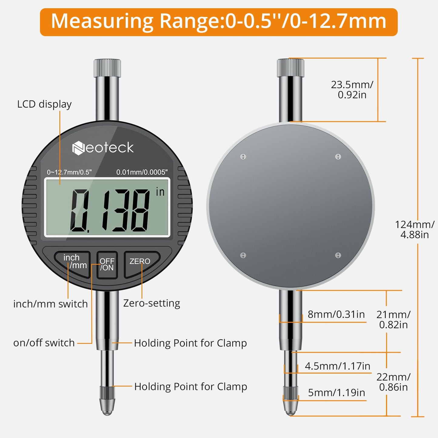Neoteck Bore Gauge Set Digital Indicator Dial Bore Gauge 2"-6"/0.0005" with Self-Centering Dial Carbide Anvils, Insulated Grips for Deep Engine Cylinder Measurement-Black