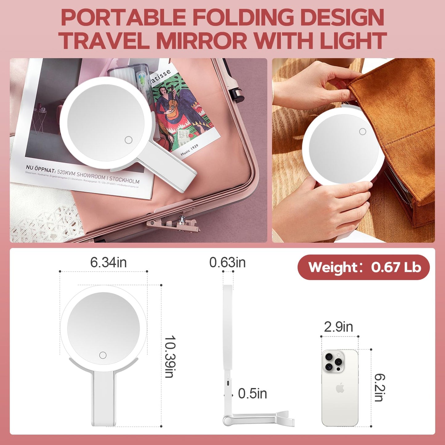MIYADIVA Lighted Makeup Mirror, 30X Magnifying Mirror with Light and Adjustable Brightness, Hanging and Handheld Mirror with Handle, Portable Travel Makeup Mirror with Lights, Vanity Mirror for Women