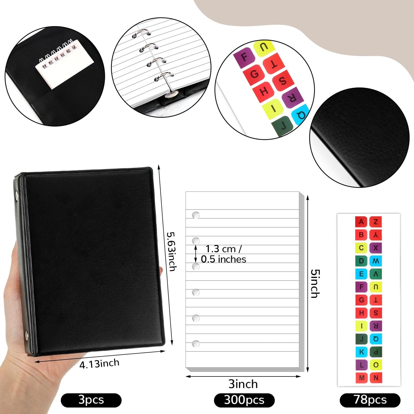 Engrowtic 3 Set Mini 6 Ring Binder 3 x 5 Inch 300 Paper Refill 78 Alphabet Dividers Small Index Tabs 3 Black PU Leather Binder Professional Ring Planner Notebook Kit(Lined)