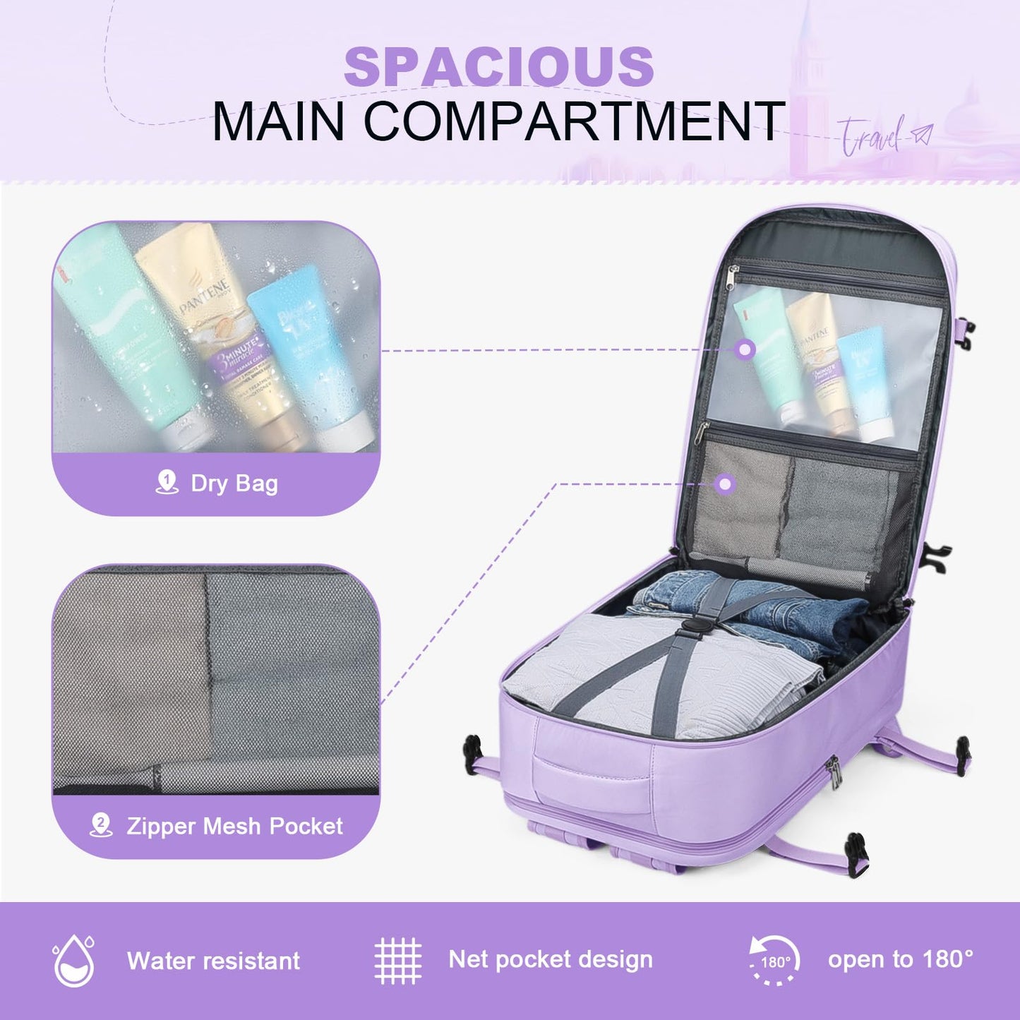 Maelstrom Travel Backpack for Women Men, 25/35L Laptop, Carry On Backpack with Crossbody, Shoe & Toiletry Bag (Purple, 17.3inch)