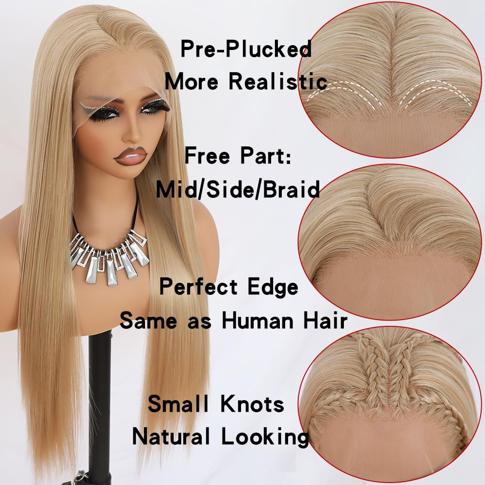 Maycaur Lace Front Wigs Blonde Wig Long Straight Heat Resistant Fiber Hair Synthetic Lace Front Wigs for Fashion Women 22 Inch