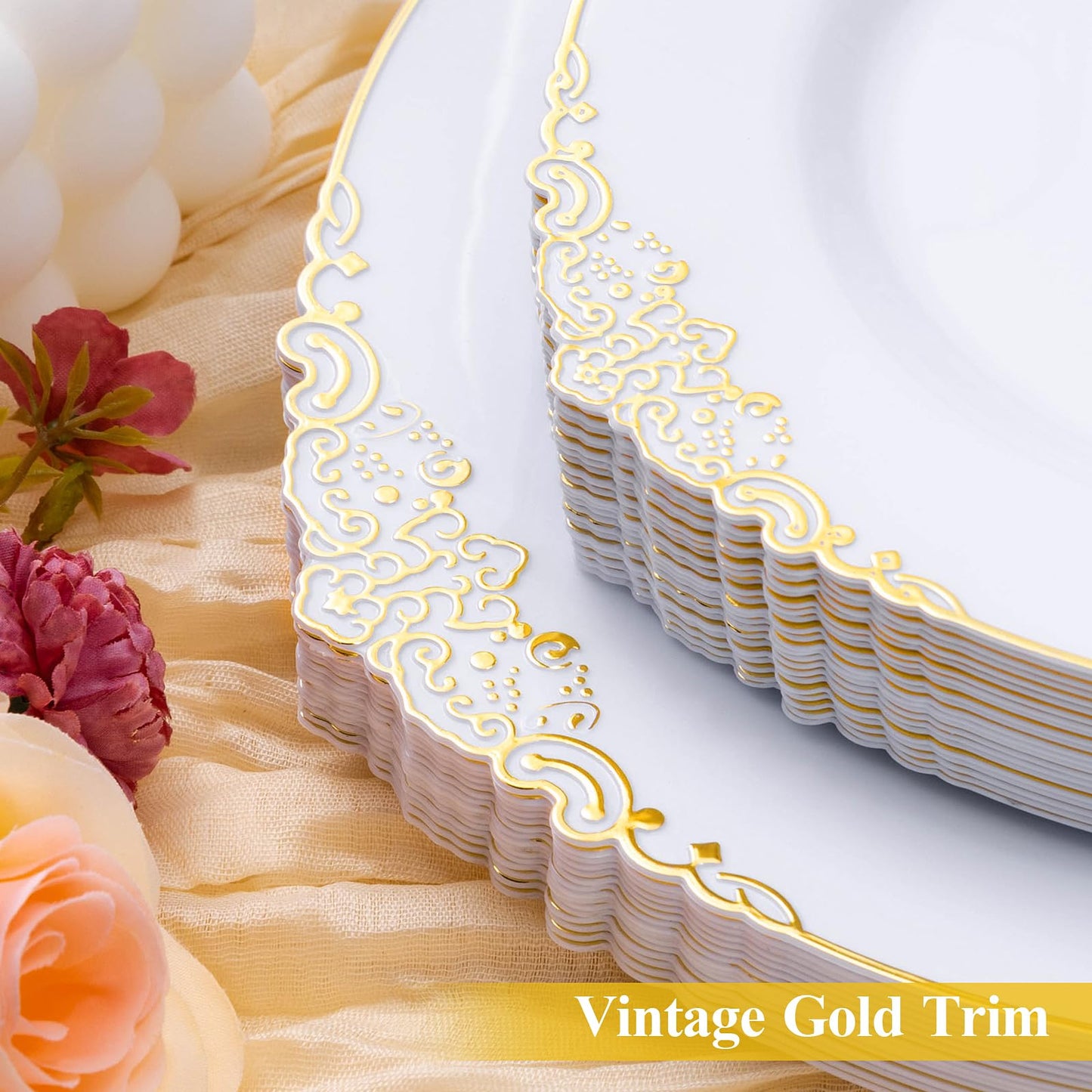 Goodluck 100 PCS White and Gold Plastic Plates for 50 Guests, Gold Disposable Plates Include 50 PCS Dinner Plates, 50 PCS Dessert Plates for Party, Wedding and Graduation