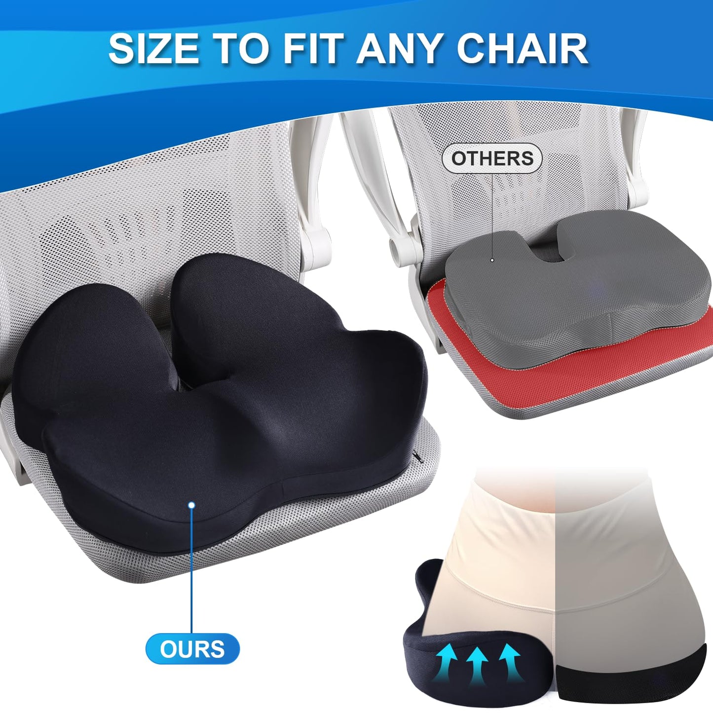 Memory Foam Seat Cushion for Office Chair Pressure Support Extra Large Size, Ergonomic Office Chair Seat Cushion for Tailbone, Car Seat Cushion Improves Posture & Support for Long Sitting Black