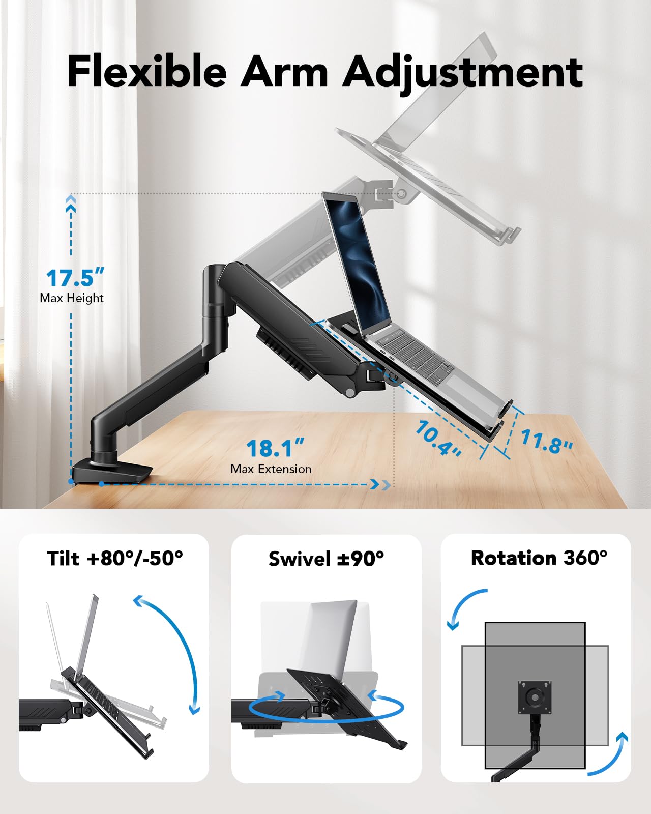 HUANUO 2 in 1 Function Laptop Mount with Tray, Fits 13-34″ Monitors & Up to 17″ Notebook, Ergonomic Laptop Arm with Full Motion Adjustment, Pre-Assembled for Easy Setup, VESA 75x75mm/100x100mm