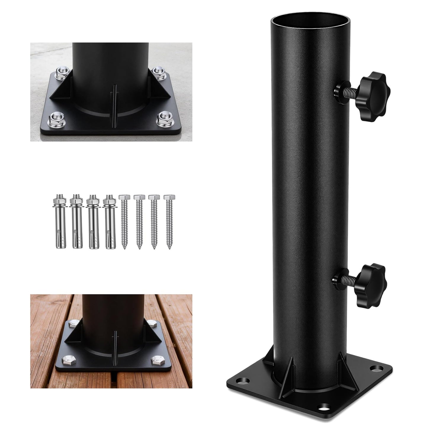 Lalafancy Patio Umbrella Stand Base, 4" Square Reinforced Heavy Duty Outdoor Deck Umbrella Mount Holder, Fits 1/4"-1 9/10" Diameter Poles in Porch Poolside, Black