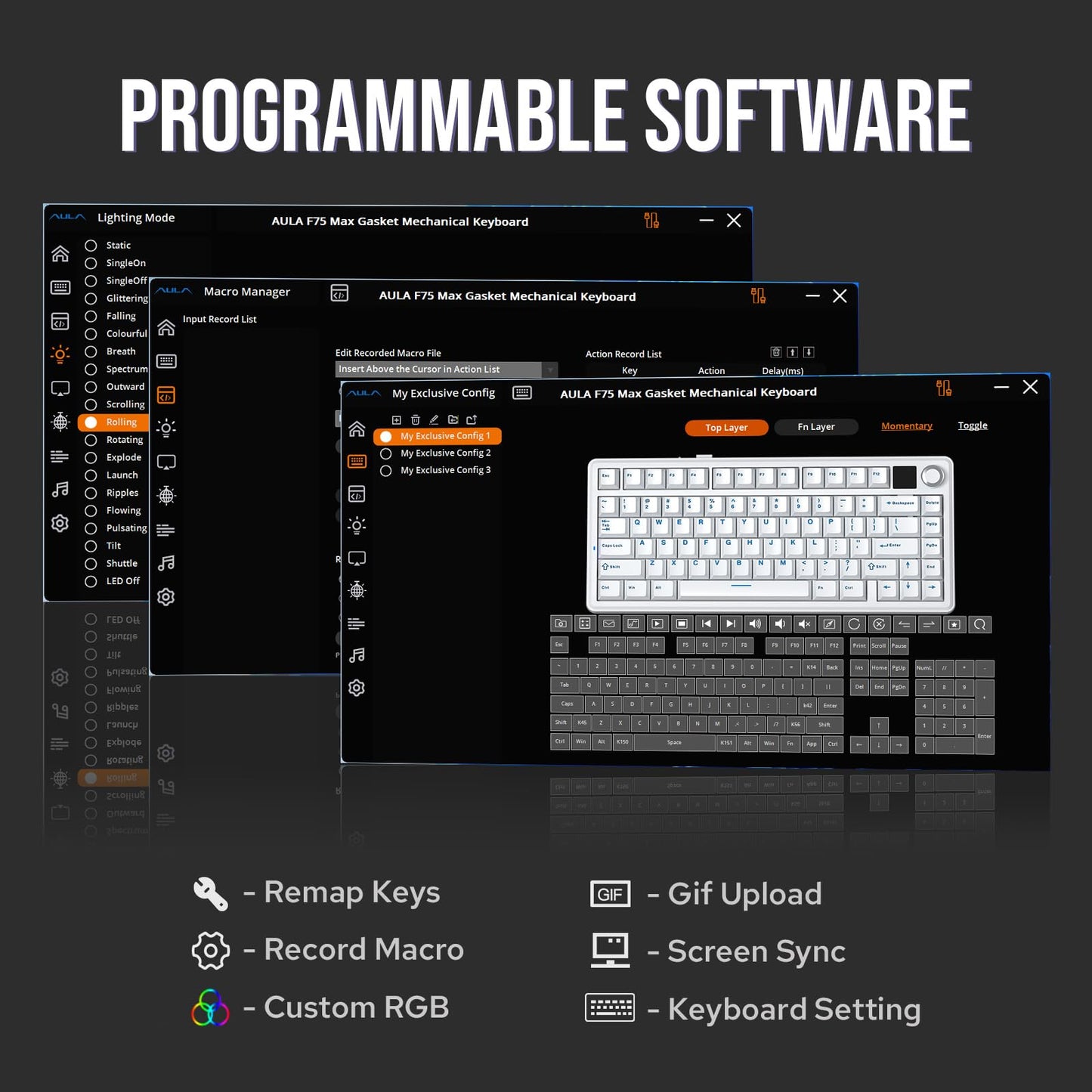 EPOMAKER X Aula F75 MAX Tri-Mode Wireless Gaming Keyboard, TFT Screen, Knob, Hot Swappable, 2.4GHz/Type-C/BT5.0, Gasket Creamy, for PC/Mac/Office/Gaming (Black Gradient)