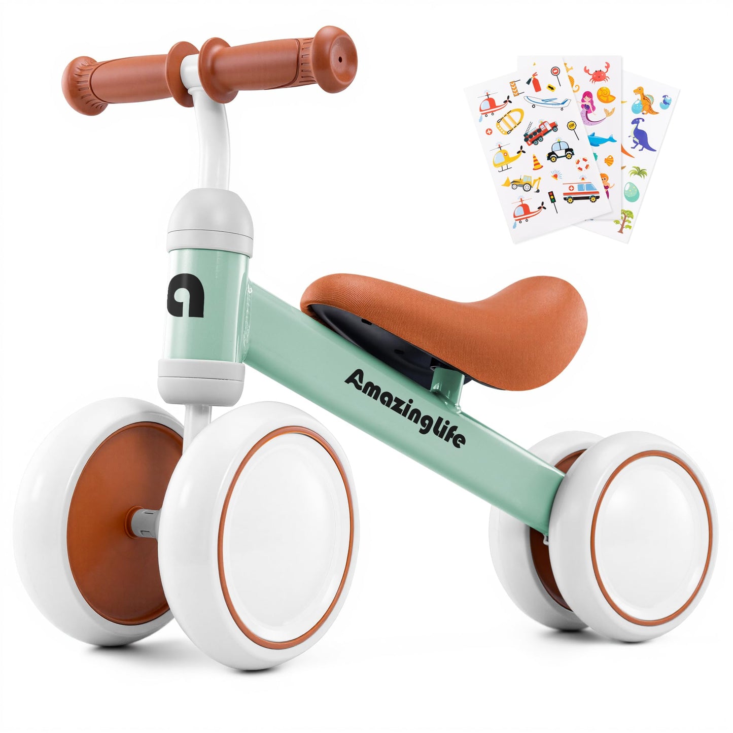 Balance Bike 1 Year Old, 10-24 Months Baby Balance Bike Toys, No Pedal Infant 4 Wheels Toddler Bike, Toddler Ride On Toys, Three Free Cartoon Stickers, First Birthday Gift for Boys Girls, Green