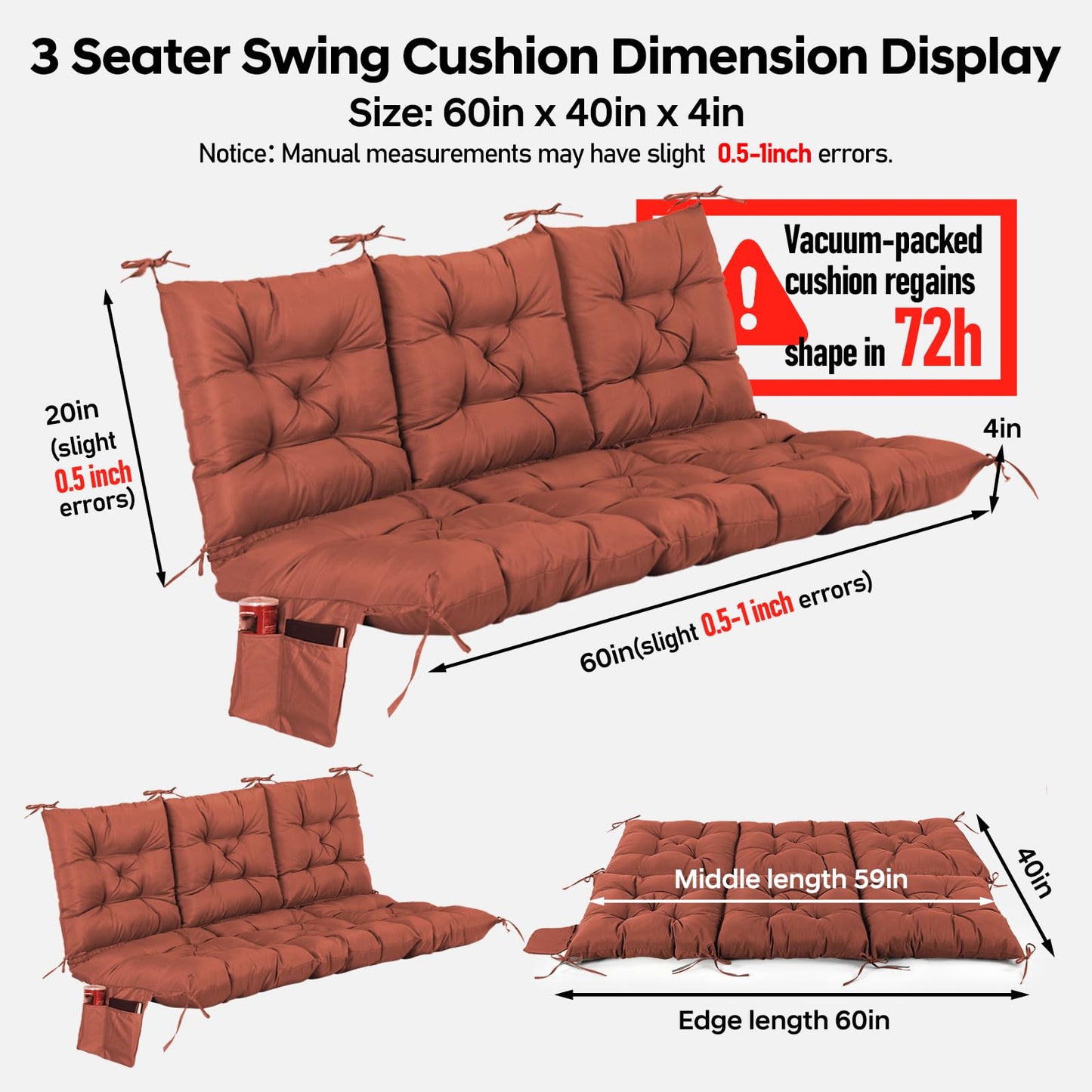 FAMIROSA 3 Seater Porch Swing Cushions, Thick 60 x 40 x 4in Outdoor Swing Cushion with 8 Straps, Water Resistant 3-seat Replacement Cushion for Patio Swing Chair Bench Couch Outside Furniture, Brown