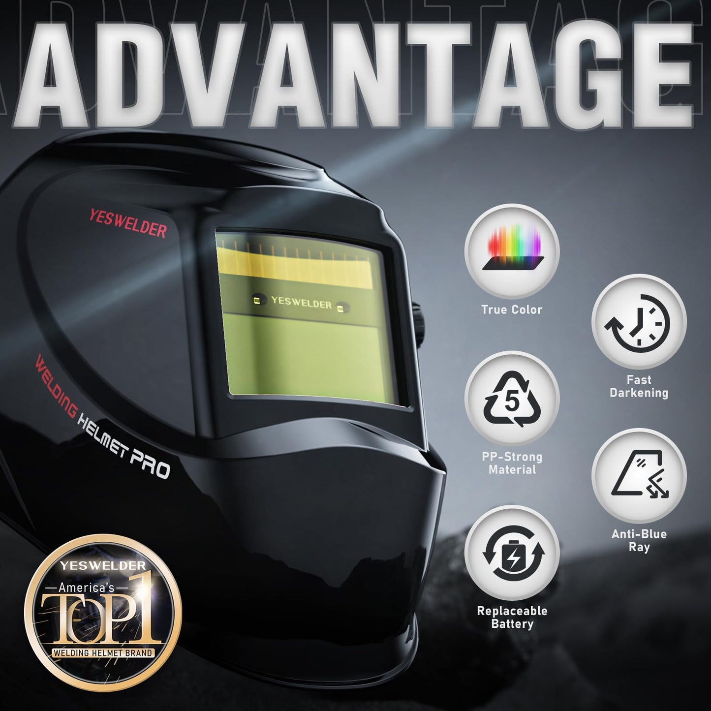 YESWELDER Auto Darkening Welding Helmet, 1/1/1/1 True Color Solar Powered Welding Hood with 2 Arc Sensors, Wide Shade 3.5/9-13 Welder Mask for TIG MIG ARC and Grind
