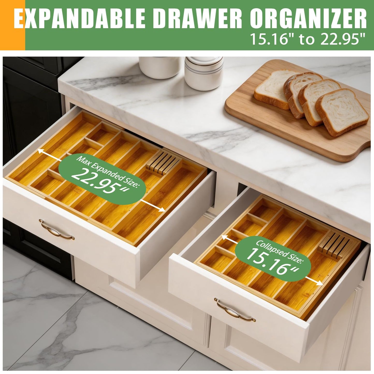 KWASVLYA Bamboo Expandable Drawer Organizer with Removable Dividers, 15"-22" Adjustable Tray for Kitchen Utensils, Makeup & Office Storage