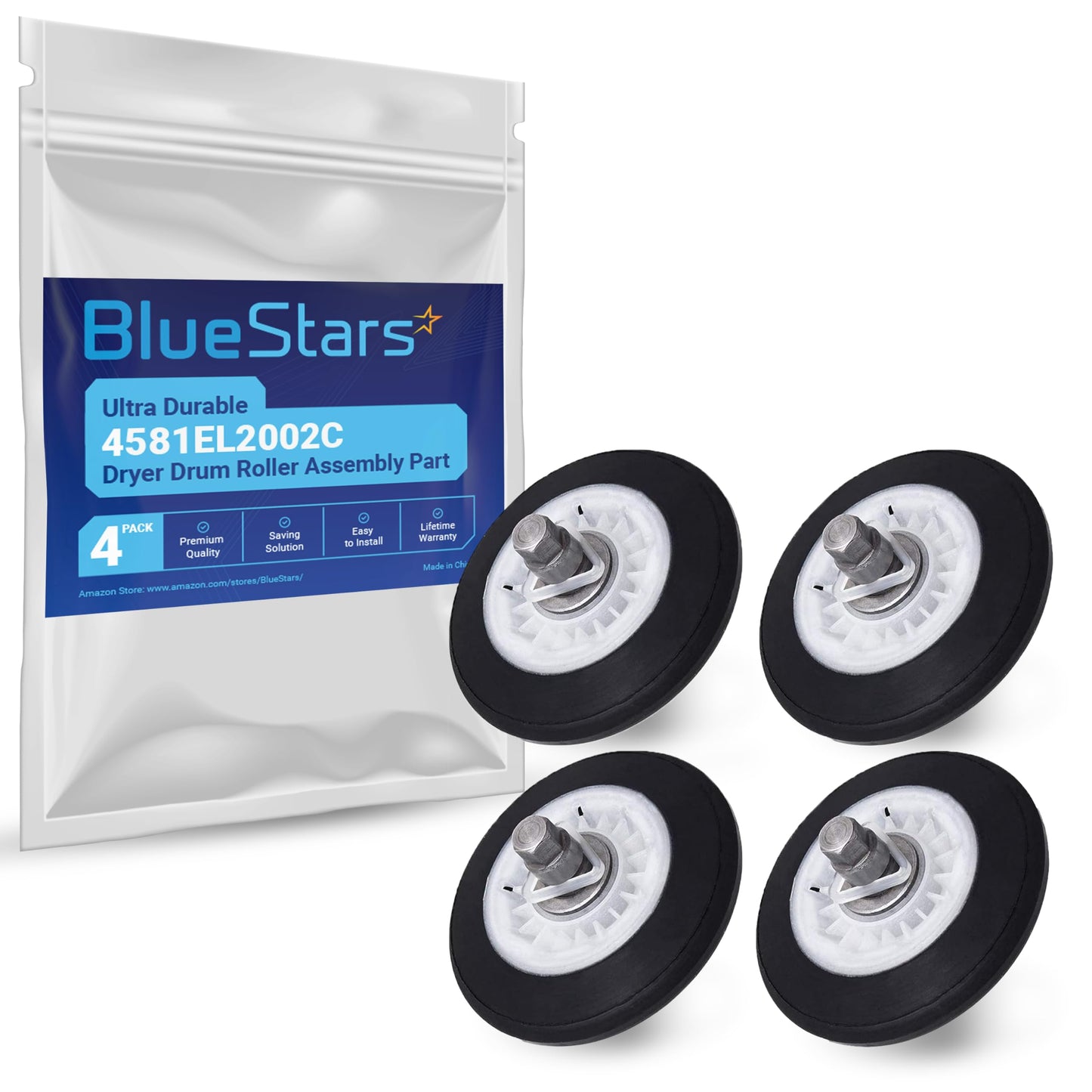 BlueStars Ultra Durable 4581EL2002C Dryer Drum Roller Assembly - Exact Fit for LG Kenmore Dryers - Replaces AP5688895 4581EL2002A 4581EL2002B 4581EL2002D PS8260240 - PACK OF 4