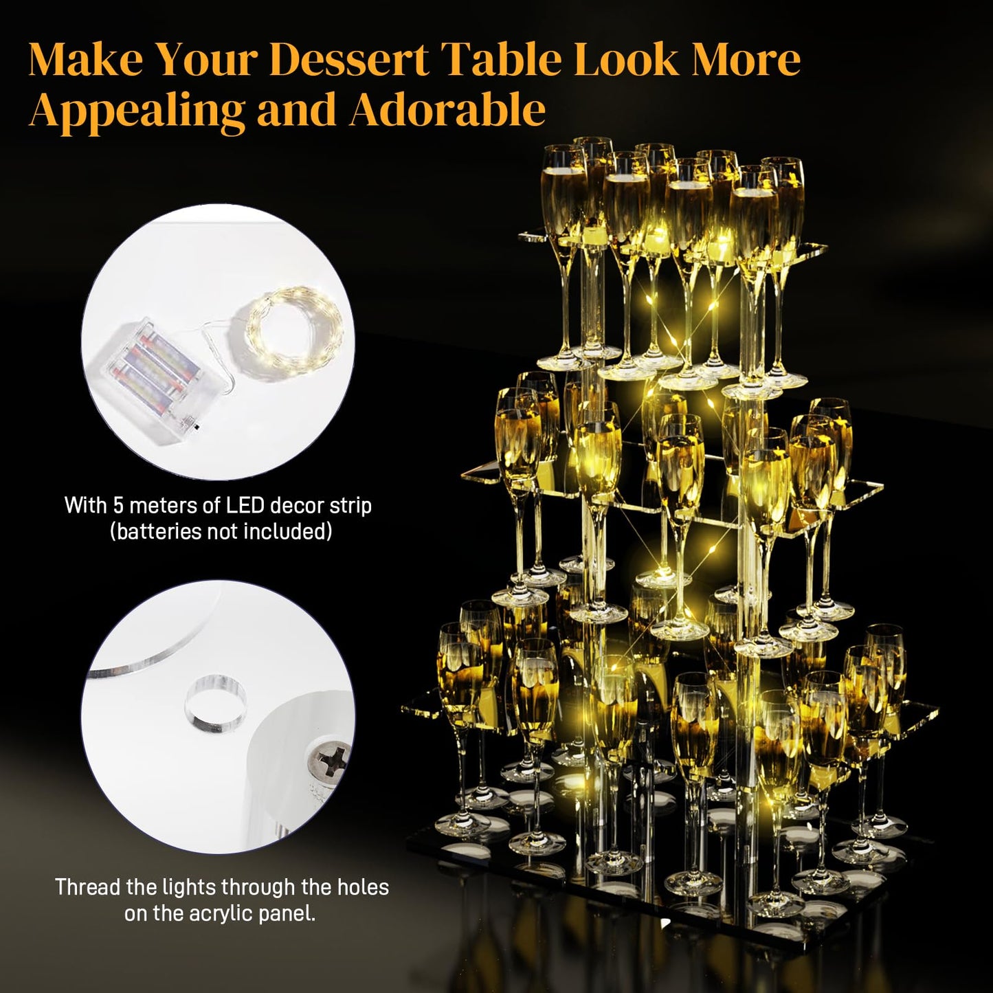 Nynelly Champagne Tower Stand for Party With 32 Slots, 3 Tier Acrylic Wine Glass Stemware Display Rack, Tabletop Champagne Flutes Display Holder with Led Strip, Cocktail Tree Stand