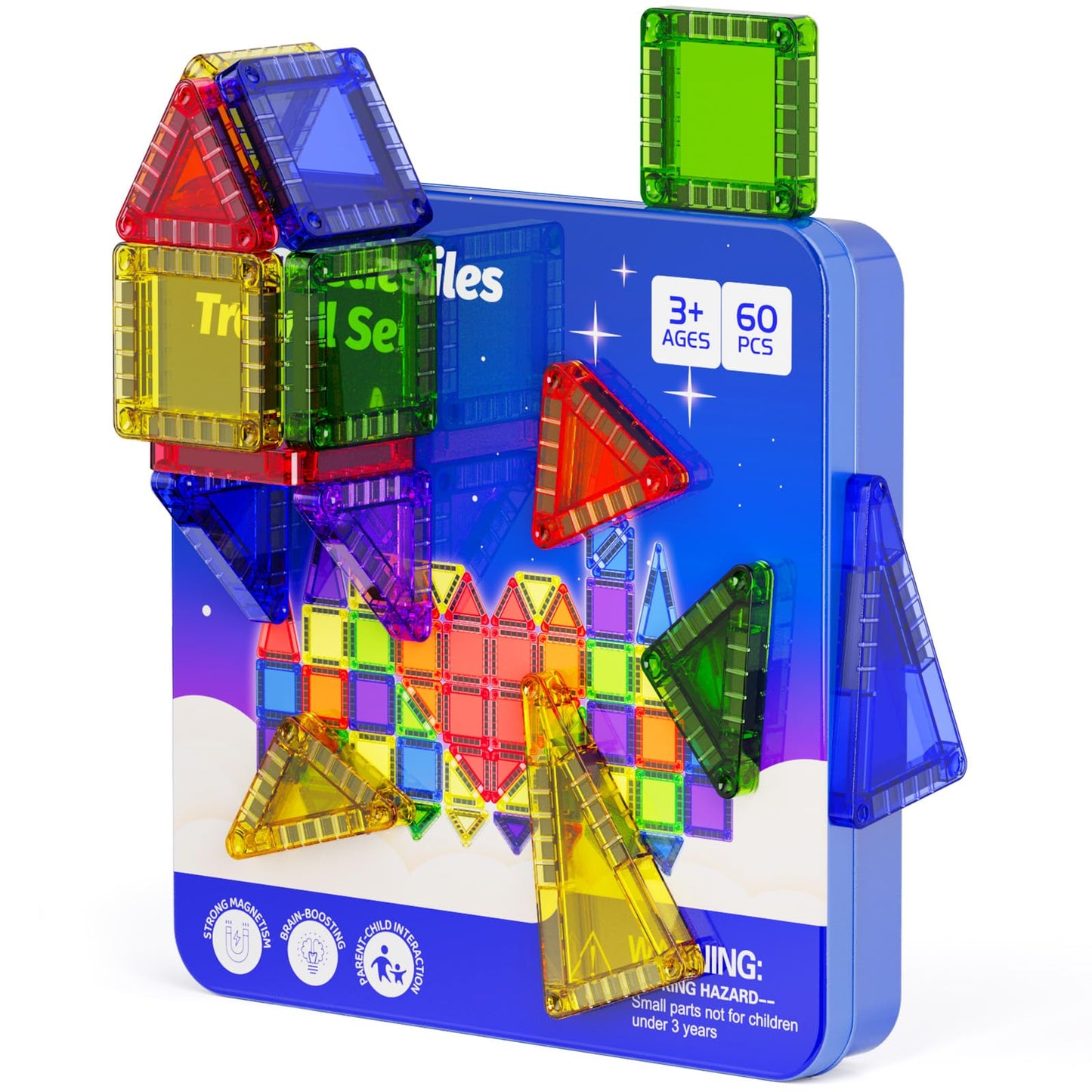 Mini Magnetic Tiles Travel Kit for Kids Ages 3-8, 60pcs Portable Magnetic Building Blocks with Visual Storage Guide & Metal Play Base, STEM Sensory Toys for Preschool Learning