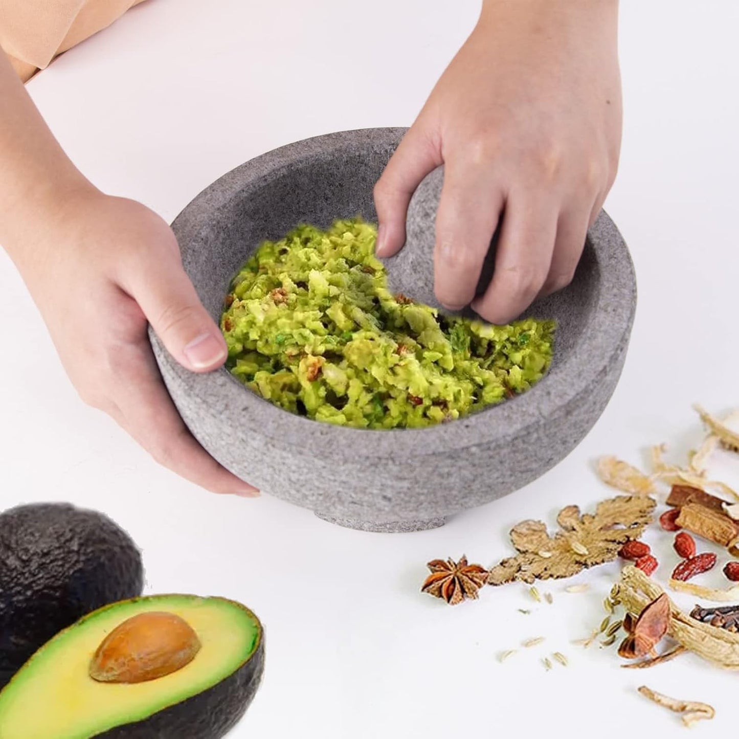 Luvan Large Mortar and Pestle Set 8 Inch Unpolished Granite Non-Slip Base Stone Grinder Molcajete Mexicano Bowl for Guacamole Salsa Spices Pesto, Durable and Easy to Clean