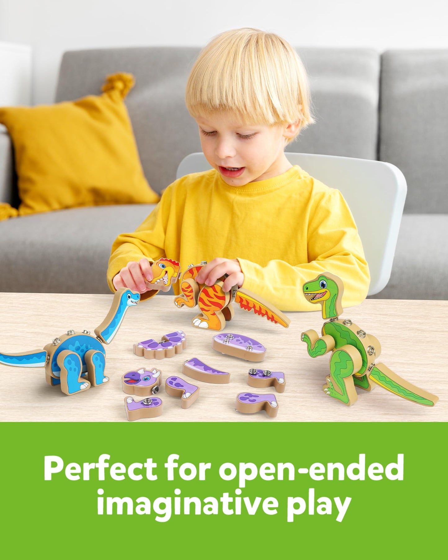 Coogam Build Your Own Dinosaurs Toy, Snap Together Building Dinosaurs Playset, Wooden STEM Take Apart Dinosaur Builder, Fine Motor Building Toy Gift for 3 4 5 Years Old Kids