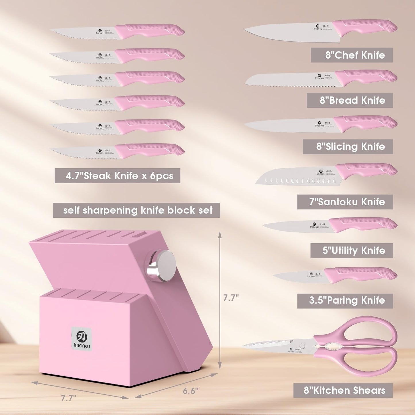 imarku Knife Set with Block, Sharp Knife Set with Built-in Sharpener, 14 PCS Japanese Stainless Steel Kitchen Knife Set, Dishwasher Safe, Pink, Ideal Home Cooking Gift for Mom