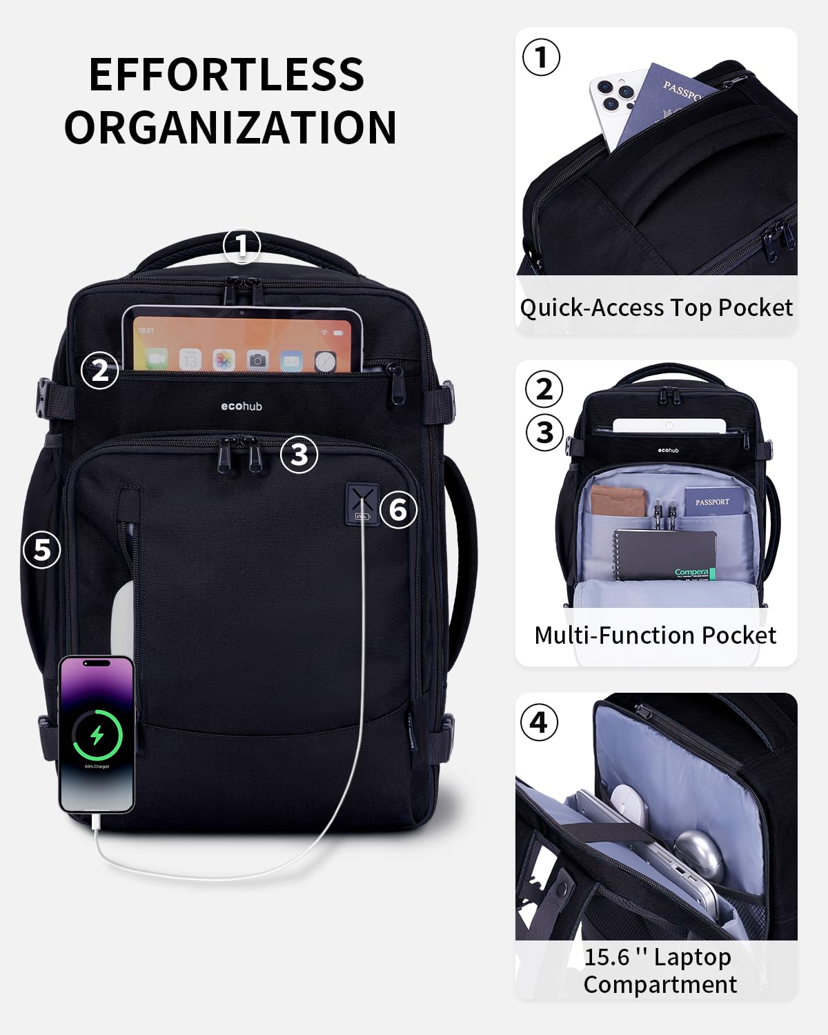 ECOHUB 17" Travel Backpack for Men, 25L Carry on Luggage for Airplanes, Personal Item Bag with 16 Pockets, Water Resistant Rucksacks Fit 15.6" Laptop, Casual Daypack, Black