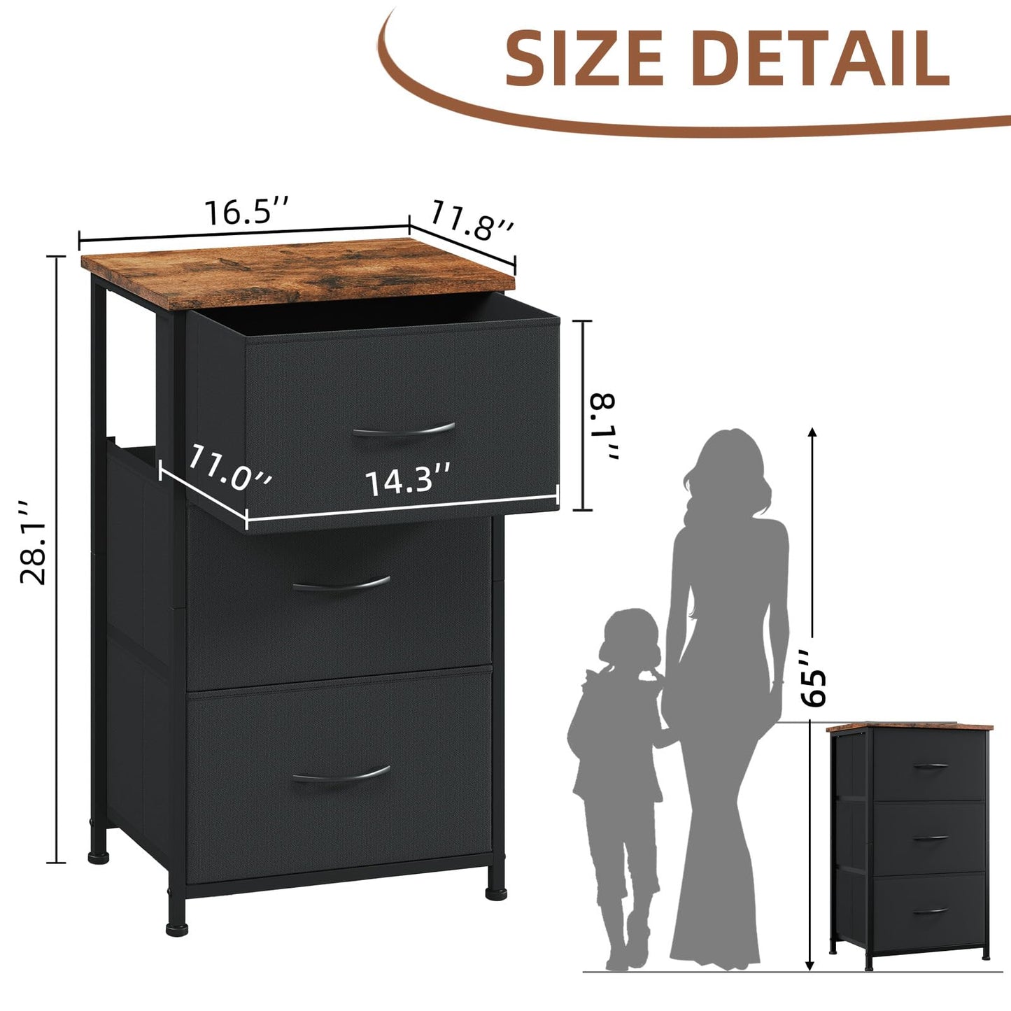 Somdot Nightstand, 3 Drawer Dresser for Bedroom, Bedside Table Night Stand End Table with Fabric Bins for Bedroom Closet Dorm, Black