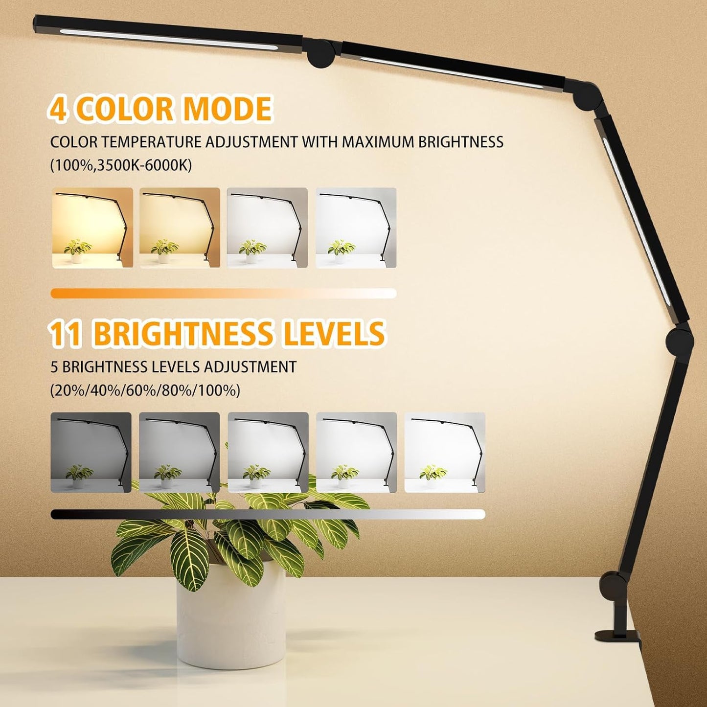 AILBTON LED Desk Lamp with Clip,Multi-Angle Flexible 4 Sections 3 Light Sources Office Desk Lamp,4 Color Temperatures and 5 Brightness Levels,Night Eye Care Table Lamp