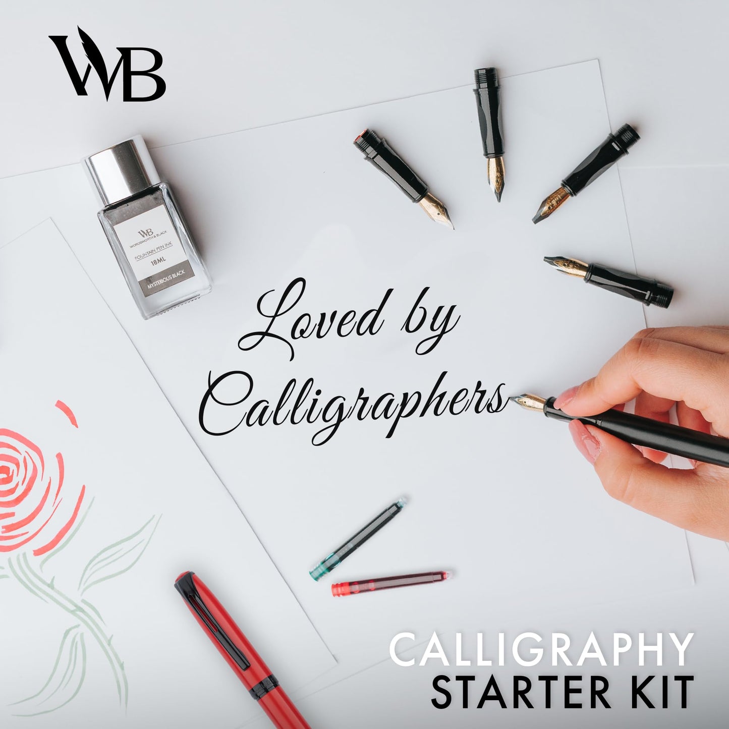 Wordsworth and Black Calligraphy Pen Set - Black - Includes 2 Calligraphy Pens, 18 ML Ink Bottle, 60 Ink Cartridges, A Refill Converter, 1 Medium and 4 Broad Nibs, Brush Pen