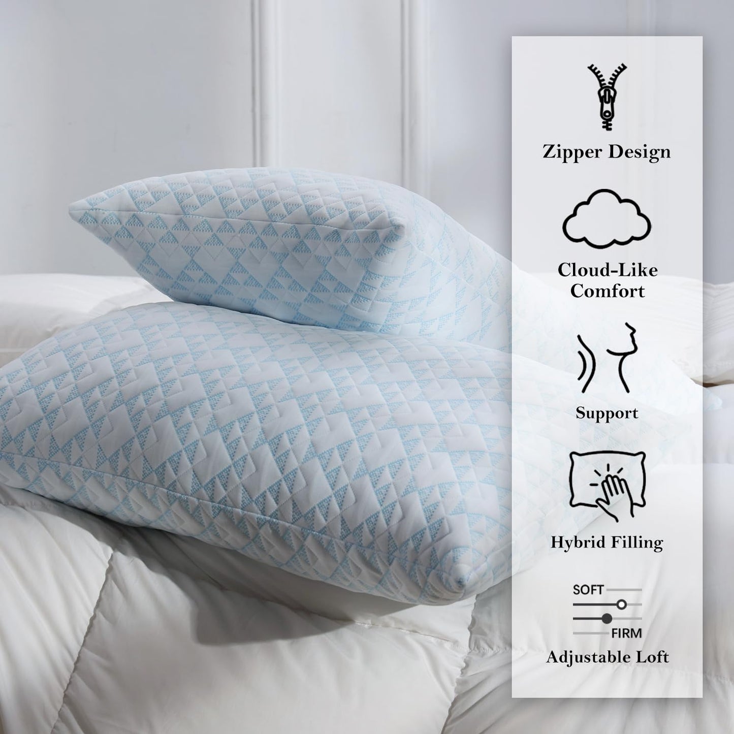 Adjustable Memory Foam Bed Pillows:Queen Size Shredded Foam Pillow Set of 2 for Sleeping with Removable & Washable Pillowcase for Back,Side & Stomach Sleeper-Medium Firm