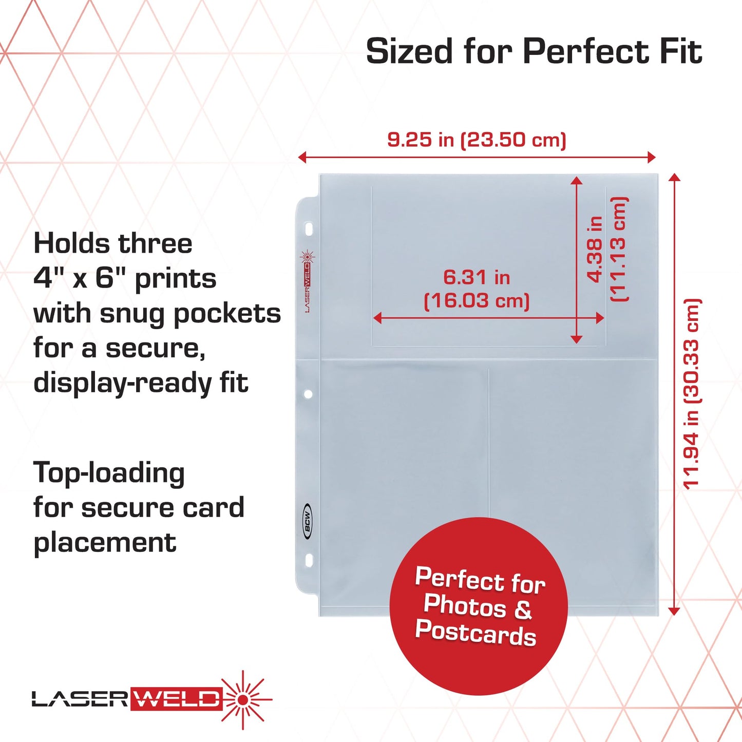 BCW Laserweld 3-Pocket 4x6 Photo Sleeves for 3 Ring Binder | Archival Photo Album Refill Pages | 100 Count