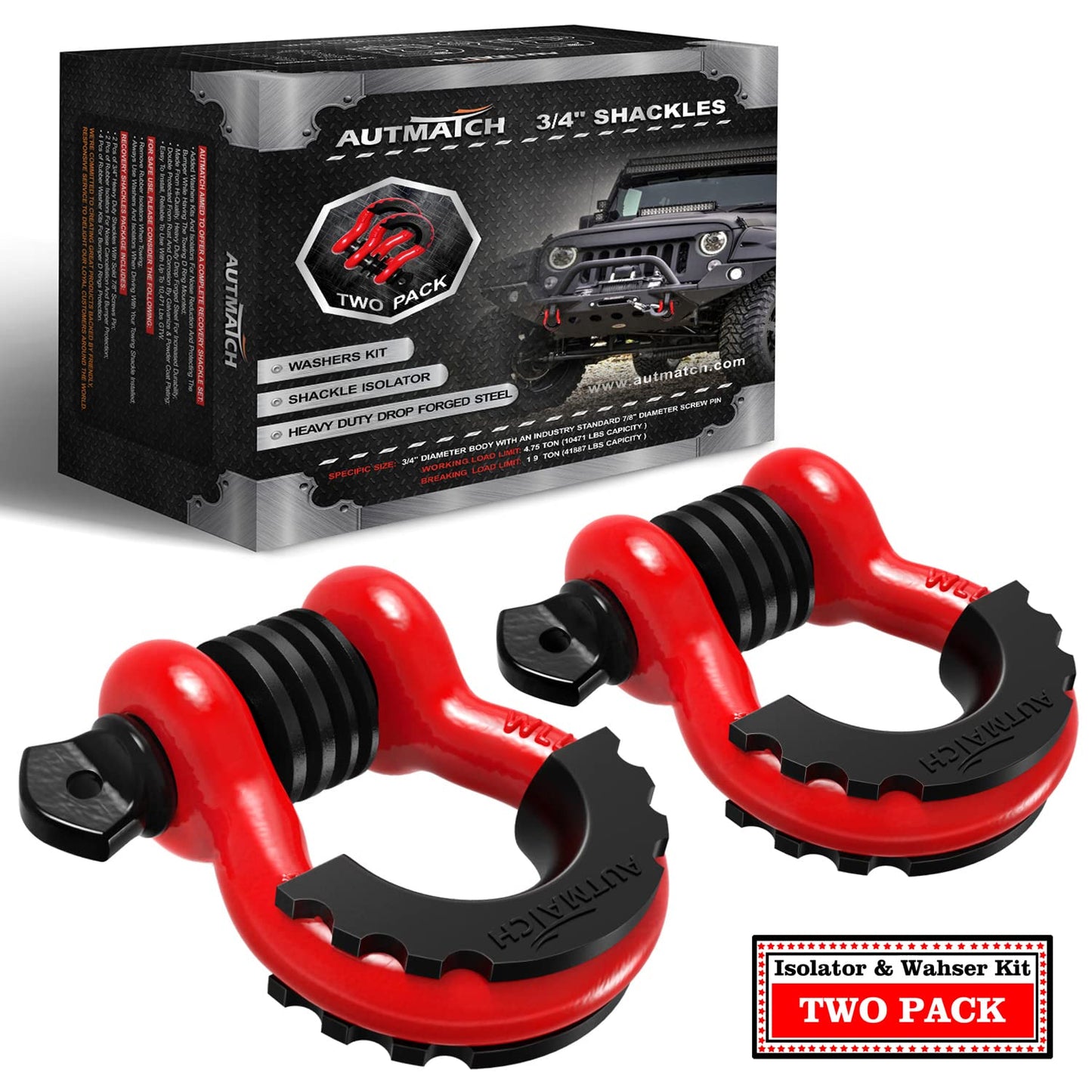 AUTMATCH D Ring Shackle 3/4" Shackles (2 Pack) 41,887Ibs Break Strength, Clevis Shackles with 7/8" Screw Pin and Shackle Isolator Washers Kit for Tow Strap Winch Off Road Vehicle Recovery, Red & Black