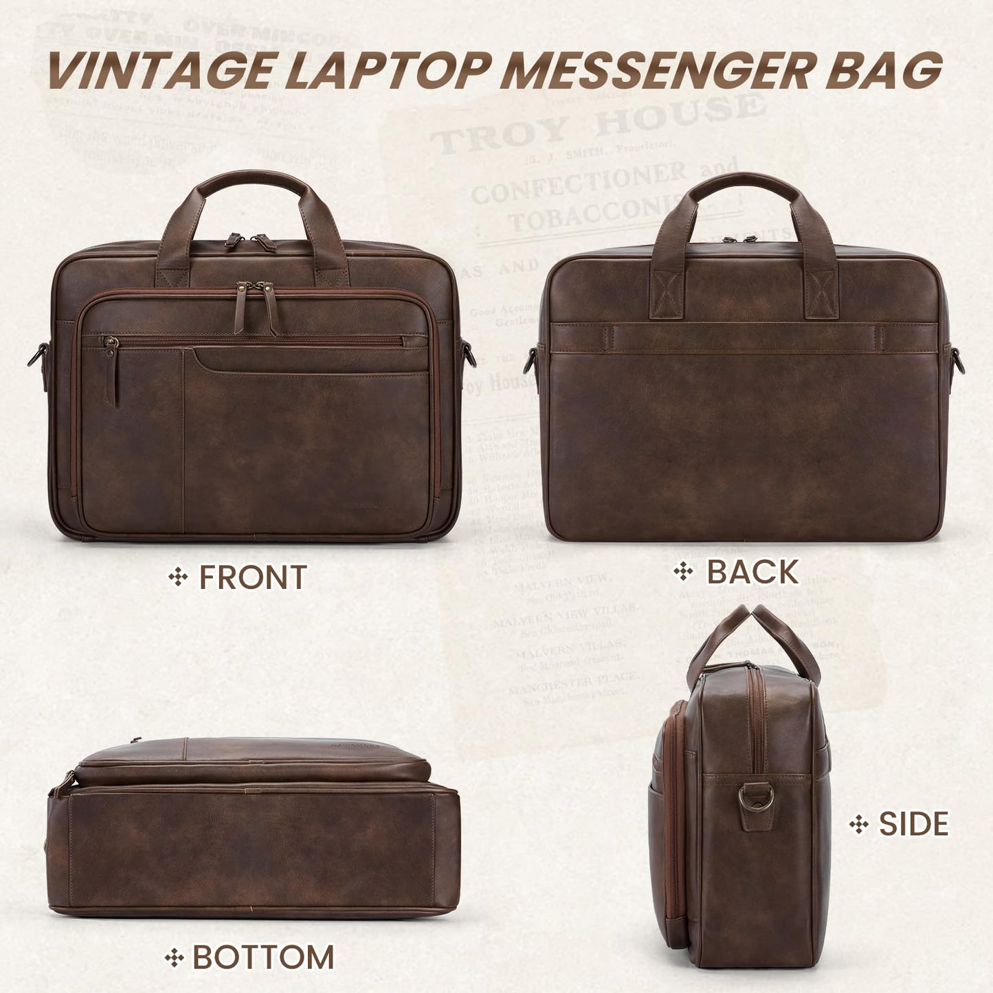 RAINSMORE Messenger Bag for Men 16 Inch Laptop Bag Vintage Leather Laptop Bag Waterproof Computer Briefcase Retro Satchel Bag Brown