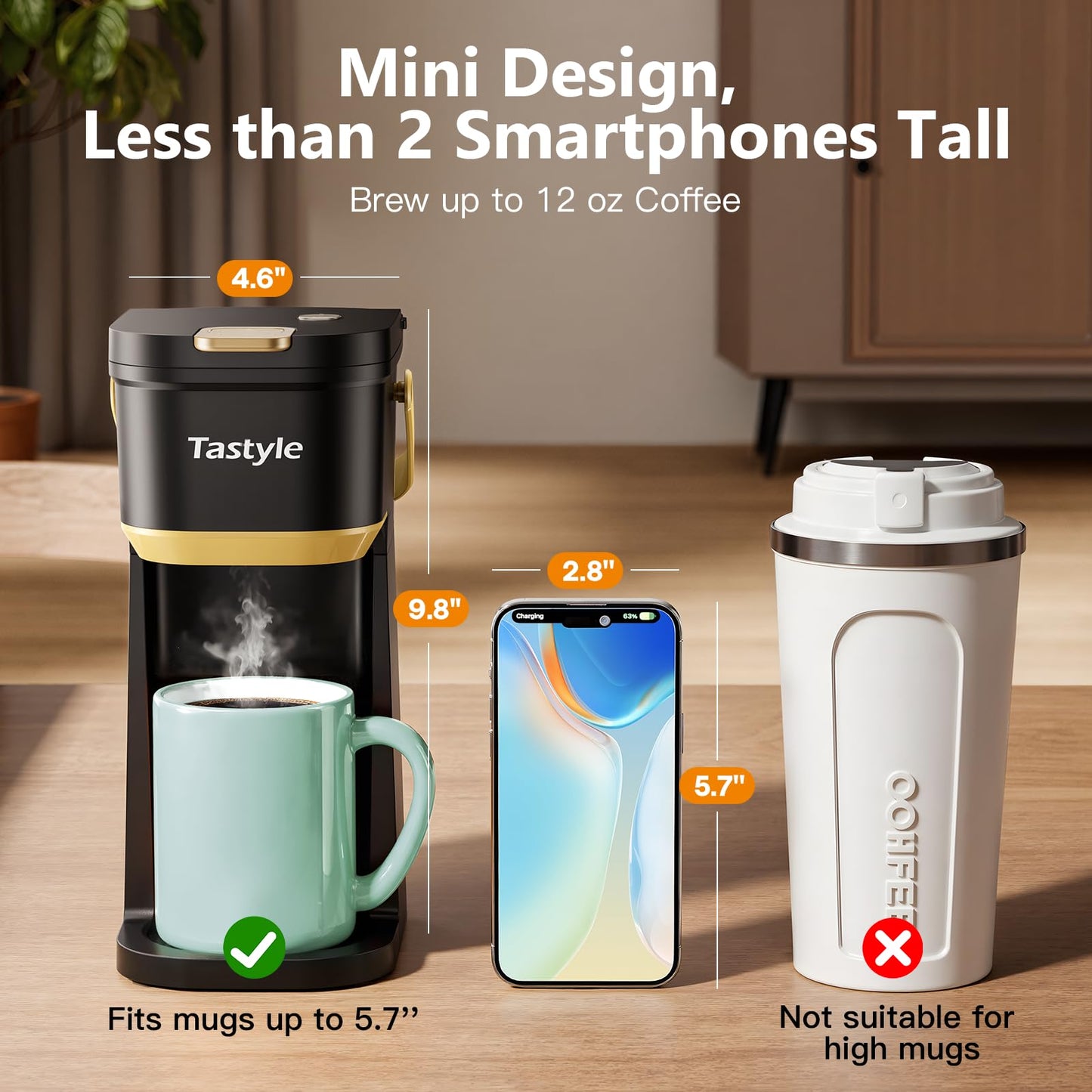 Tastyle Single Serve Mini Coffee Maker, for K Cups and Grounds, with Portable Handle, 6 to 12 Oz Brew Size, for Travel, Camping, Office, RV and Dorm, Black and Gold
