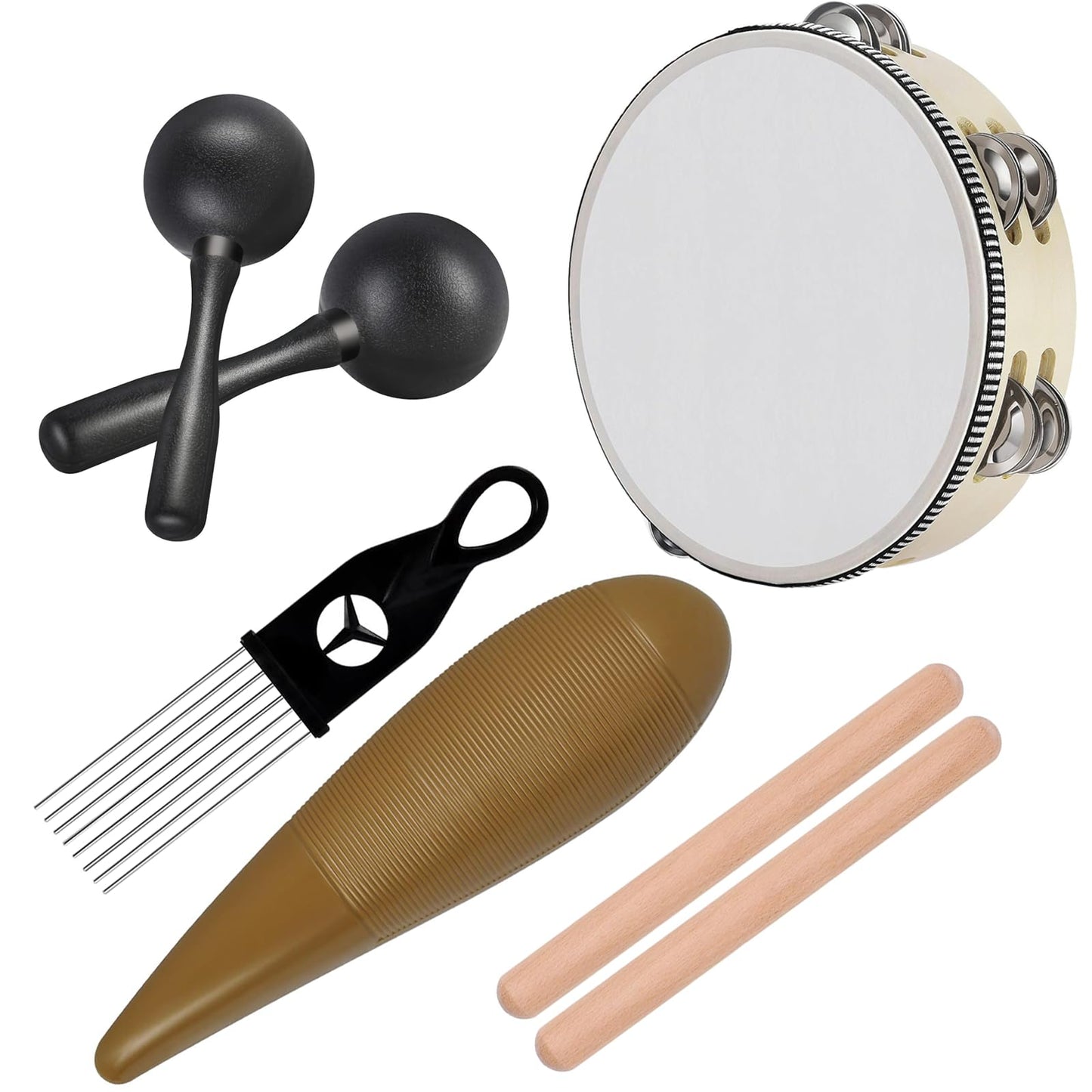 MOONBACK Tambourine for Adults Church 8 Inch, Guiro Instrument, Maracas Shaker Rattles And Wood Rhythm Sticks Kit, Great Percussion Instrument for Live Performance and Band Accompaniment