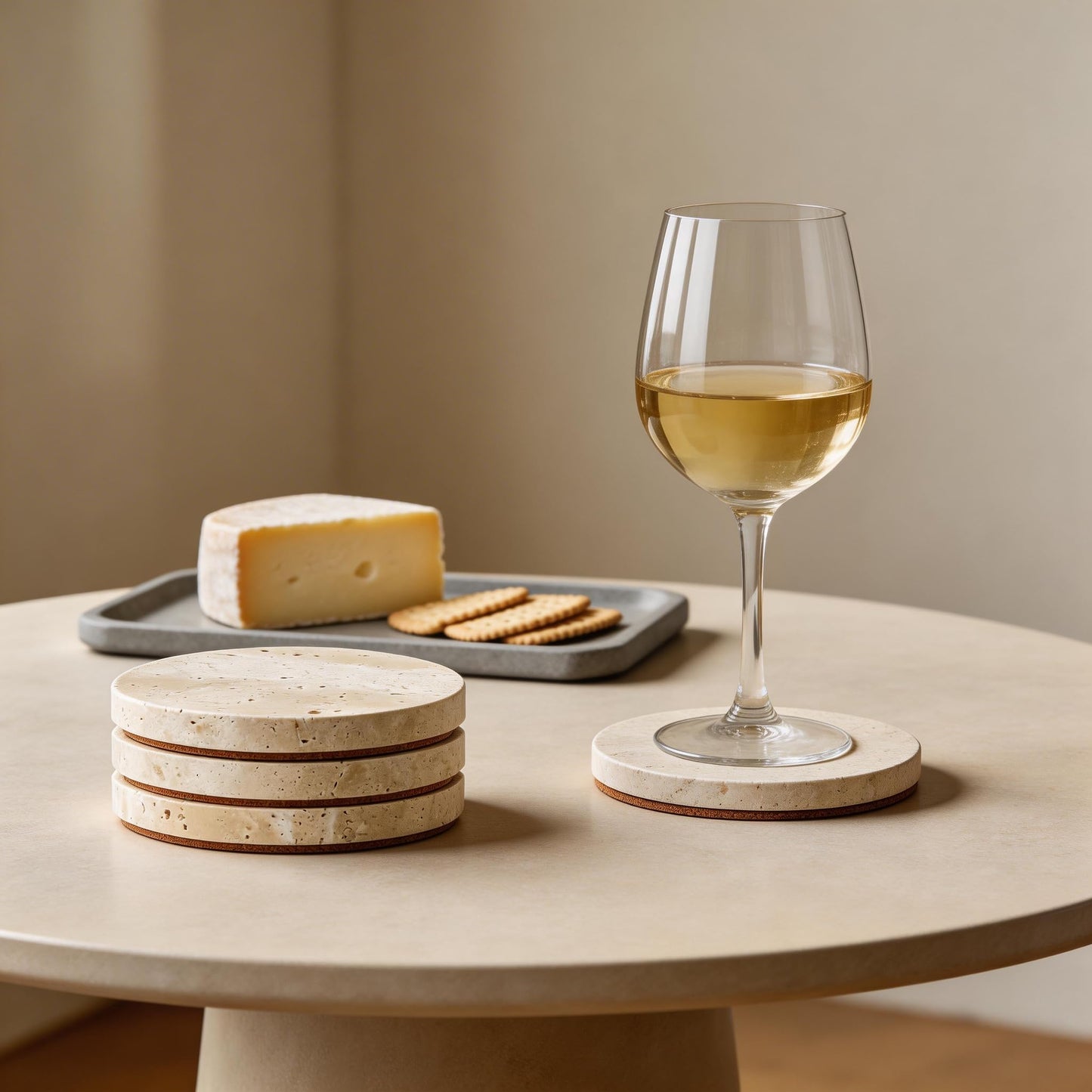 WORHE Marble Coaster for Drinks 4" Diameter Set of 4 Round Travertine Coasters for Home Decor Office Parties Birthday Housewarming Gift, Protect Countertops from Dirty,Sturdy and Tough Beige (BD140)