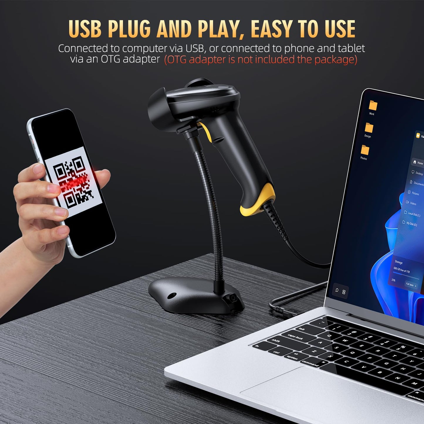 TEEMI 2D Barcode Scanner with Smart Stand USB Wired Handheld Automatic QR Data Matrix PDF417 OCR bar Codes Imager Global Shutter Computer Screen Scan for Windows Mac and Linux PC POS, Stand Included