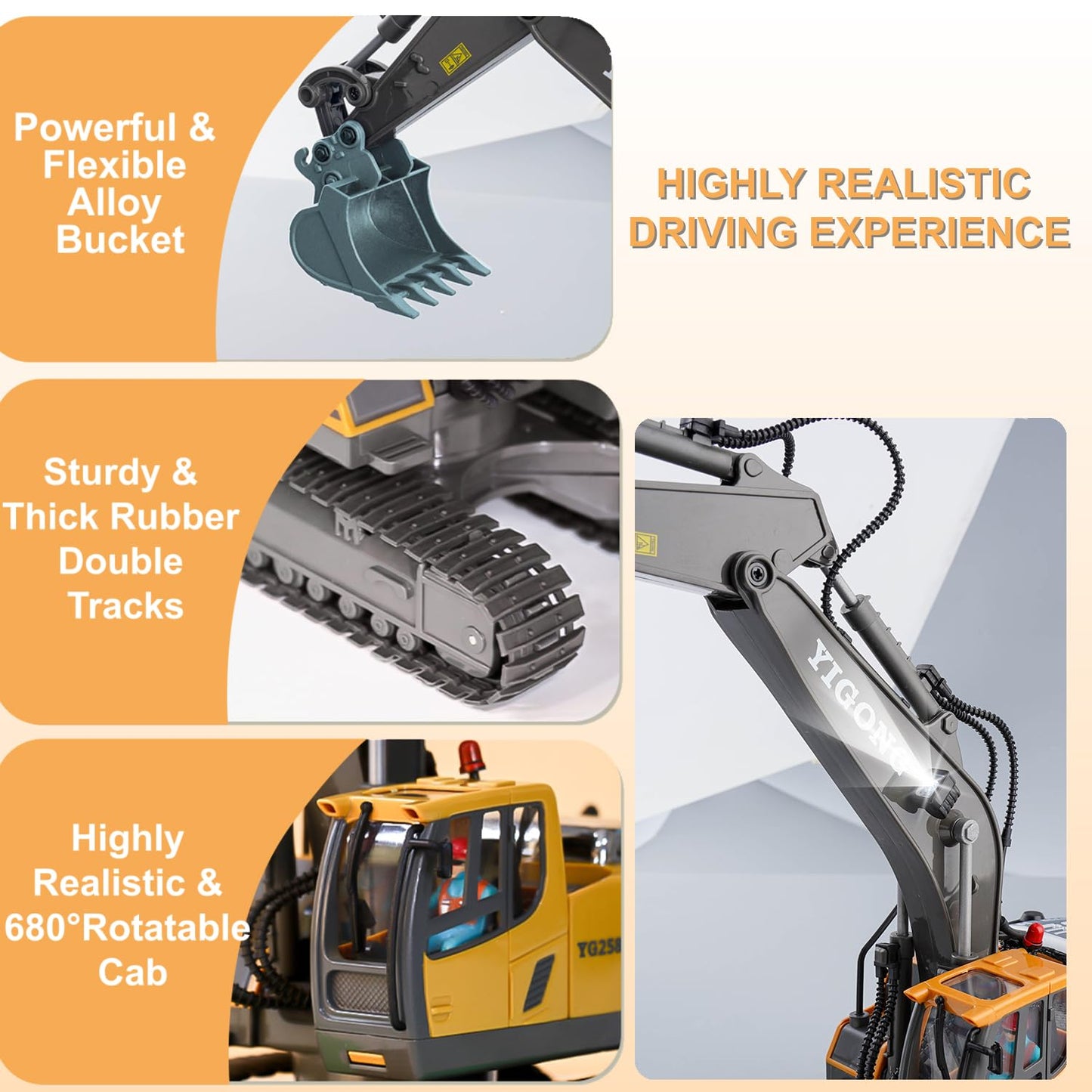 Cogwak RC Excavator Toy 11 Channel Remote Control Construction Vehicles Sand Digger Truck with Metal Shovel 680° Rotation Outdoor Birthday Gift for Boys Kids Age 6+ Year Old (Yellow)