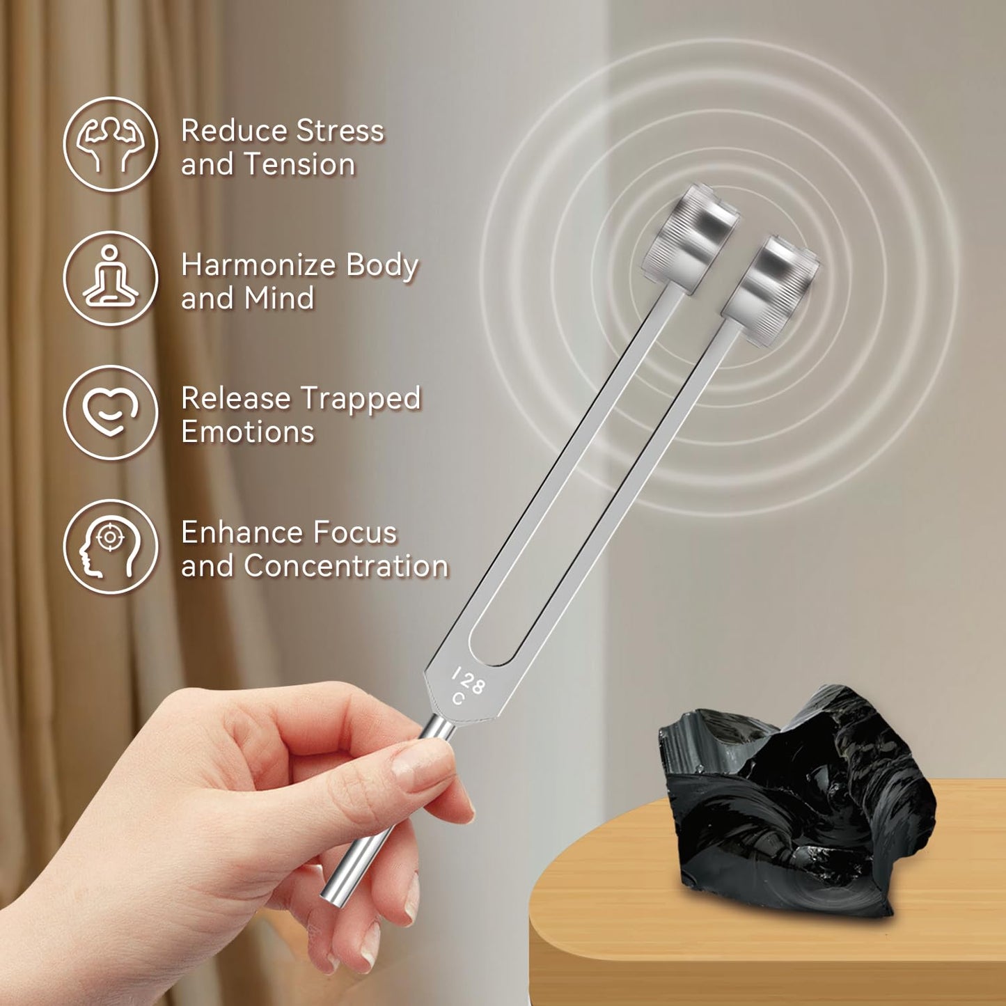 Sound Healing Tuning Fork Set – 128Hz, 256Hz, 512Hz for Chakra Balancing, Meditation & Yoga with Crystals (Obsidian, Amethyst, Clear Quartz) – Complete Kit with Mallet, Storage Pouches & Gift Box