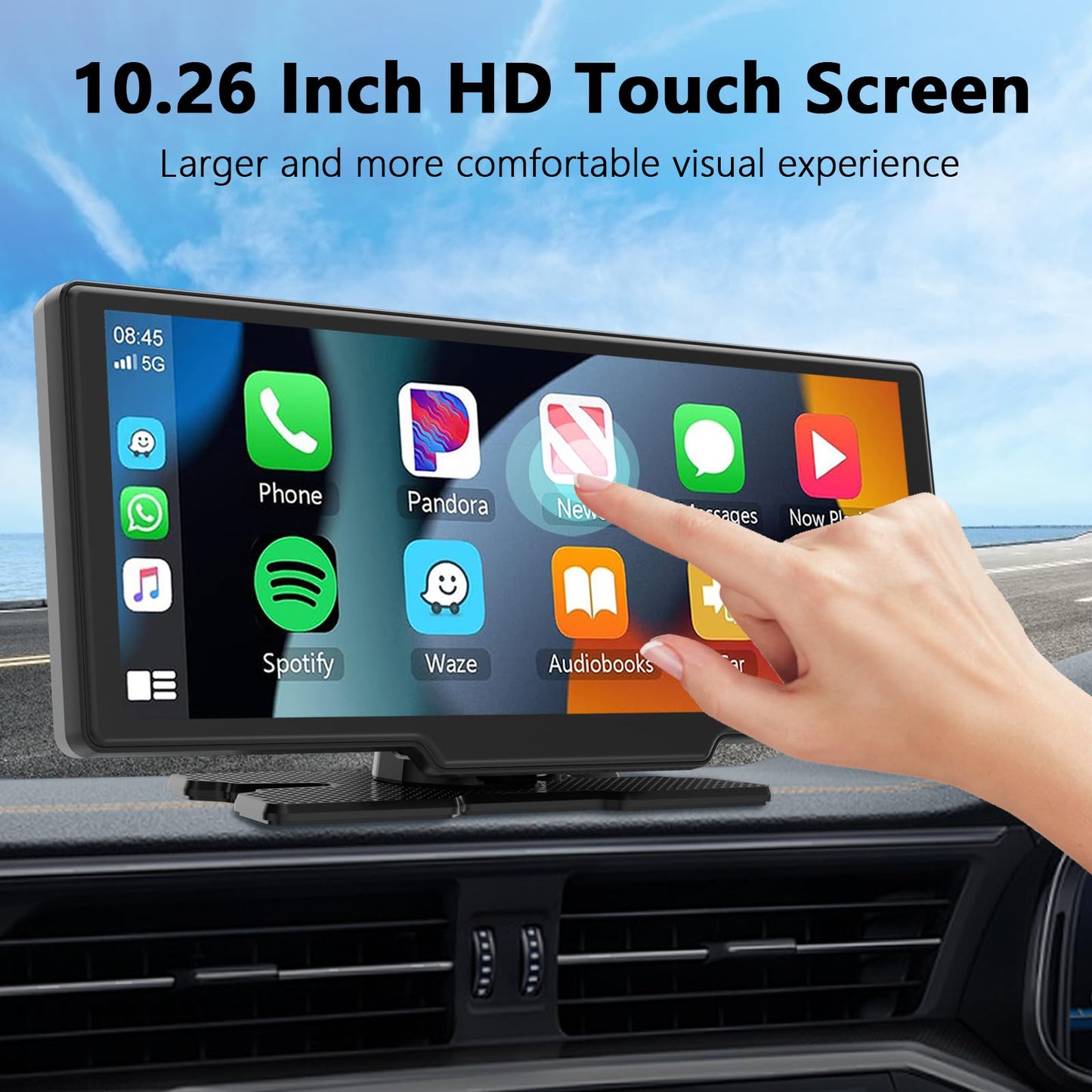 10.26 Inch Wireless Apple Carplay Screen for Car, Apple Car Play and Android Auto Screen with 4K Dash Cam Front and Rear Camera HD 1080P/FM/AUX/64G TF/Mirror Link/Voice Control/GPS Navigation
