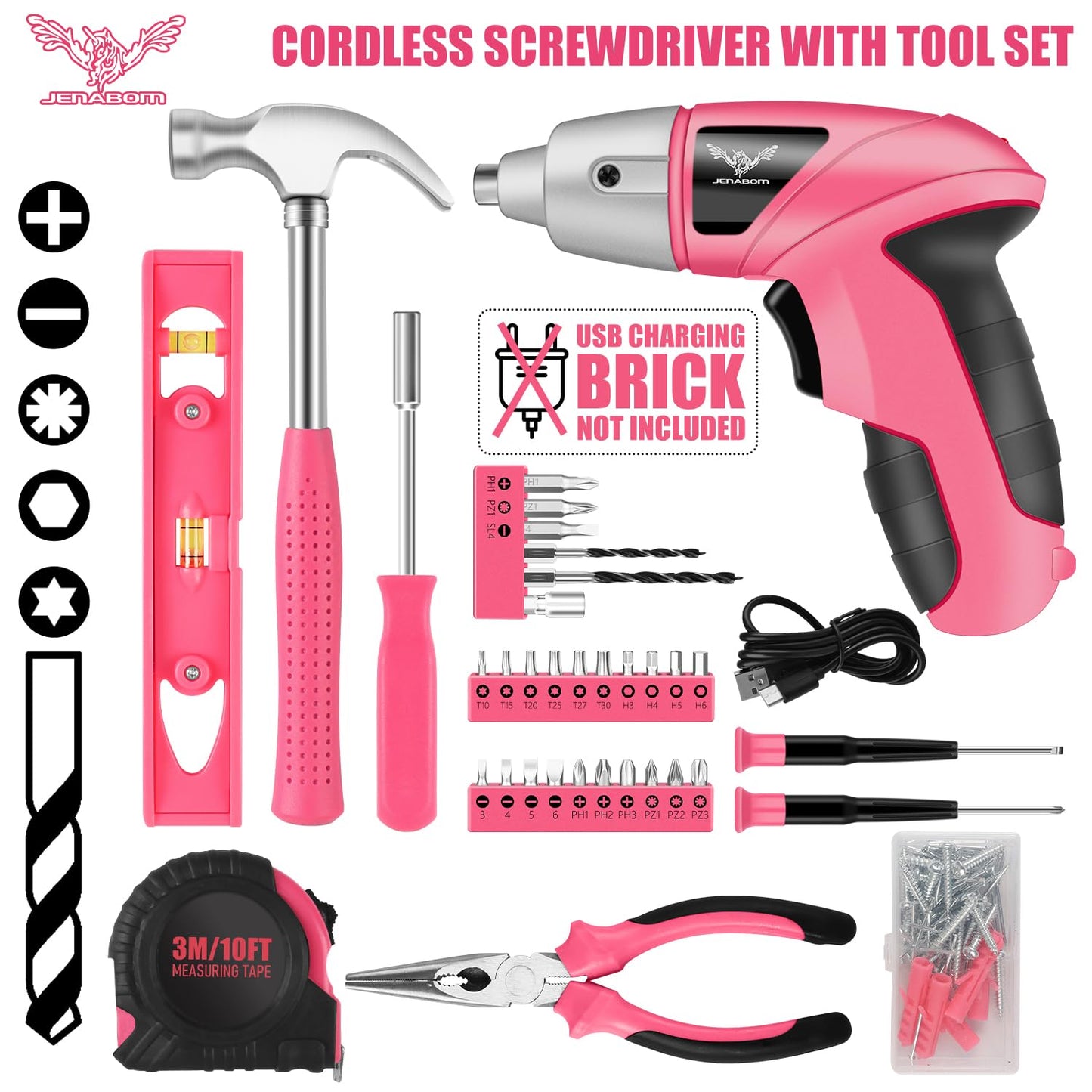 JENABOM Pink 112pcs Electric Screwdriver Tool Set, Home Tool Kit with 3.6V Small Power Cordless Screwdriver for Women